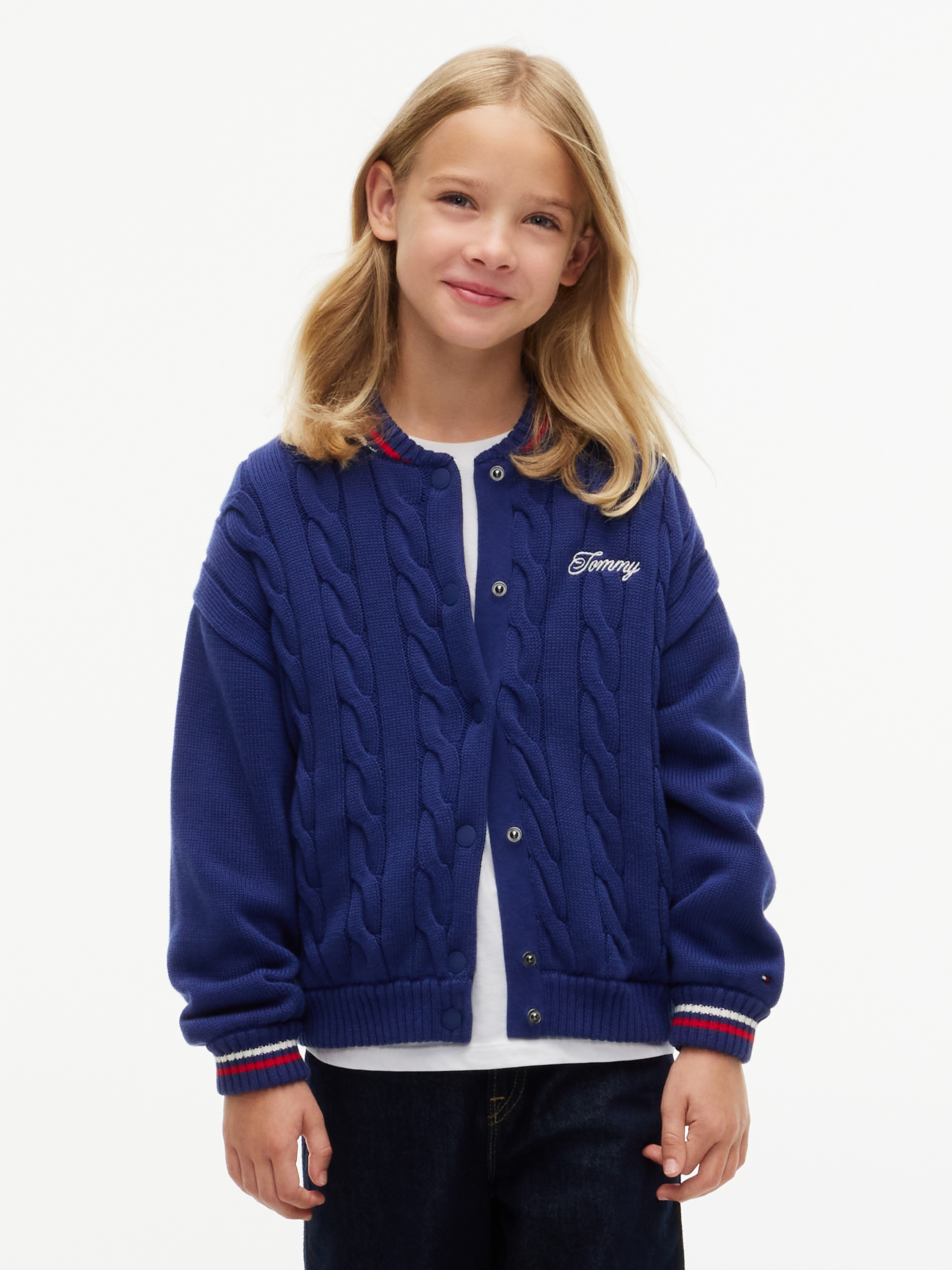 Girls 8-16 Cable Knit Relaxed Bomber Jumper