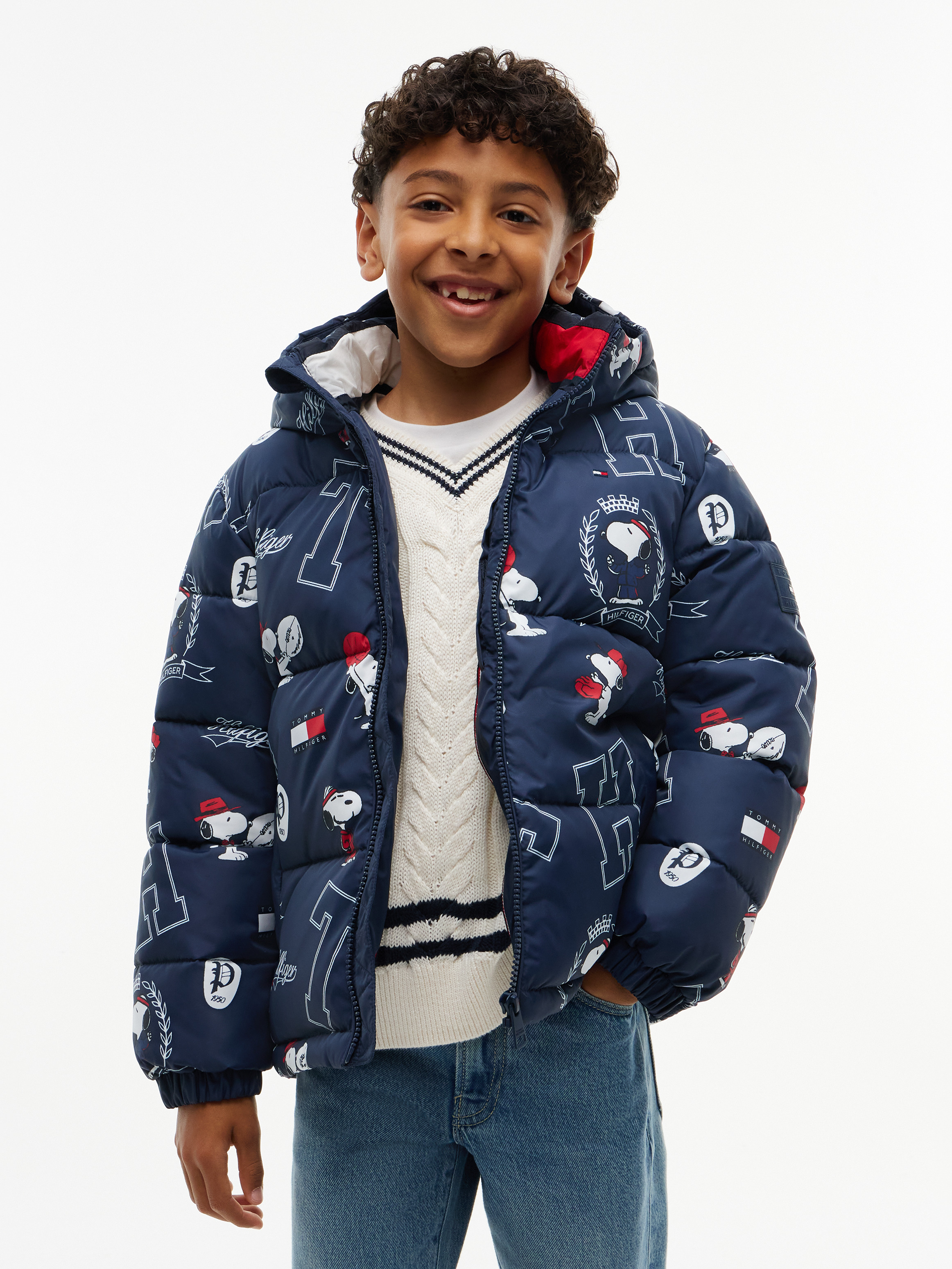 Kids Unisex 8-16 Peanuts Print Relaxed Hooded Puffer Jacket