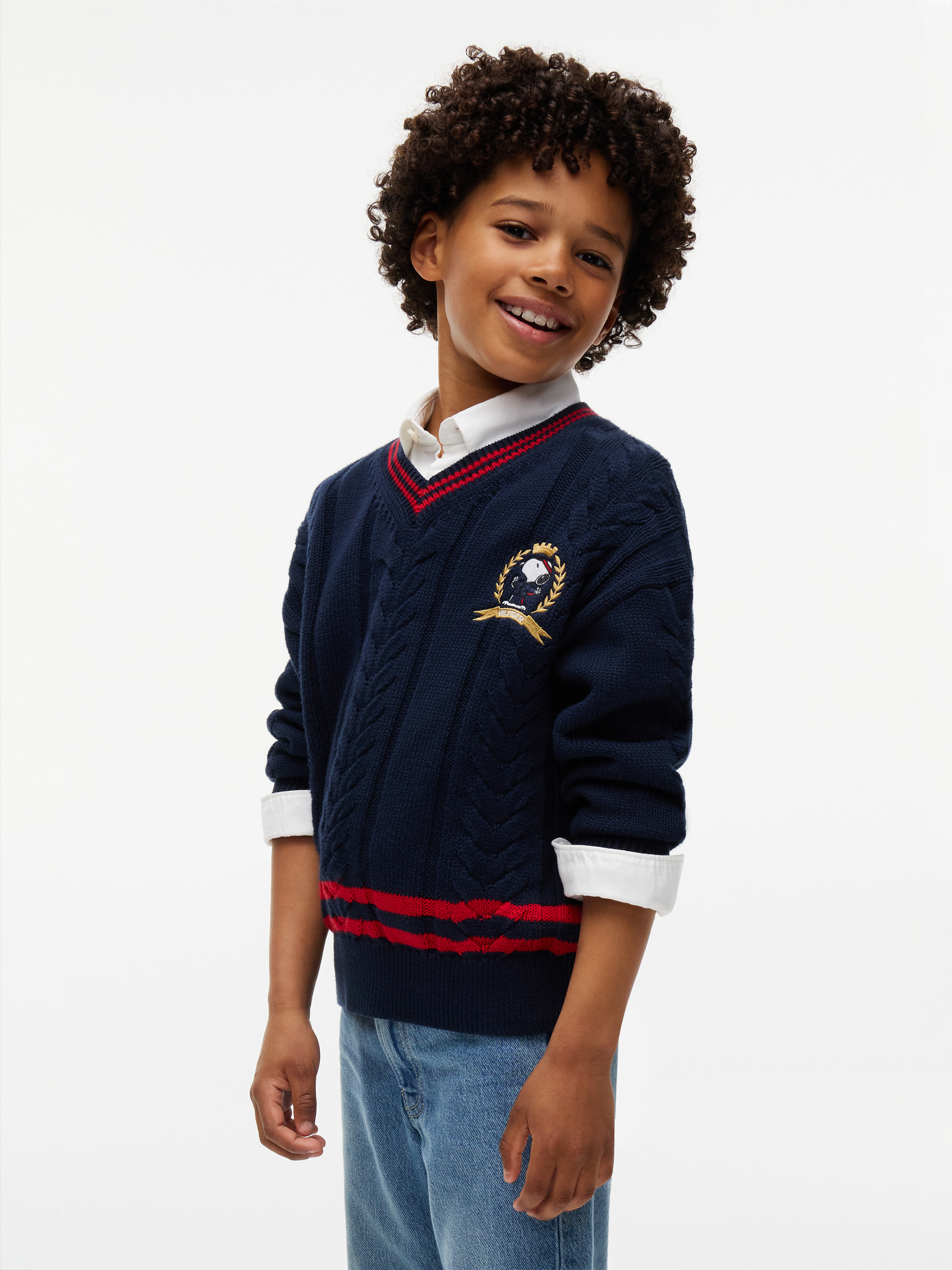 Kids Unisex 8-16 Peanuts Crest Embroidery Cable Knit Jumper