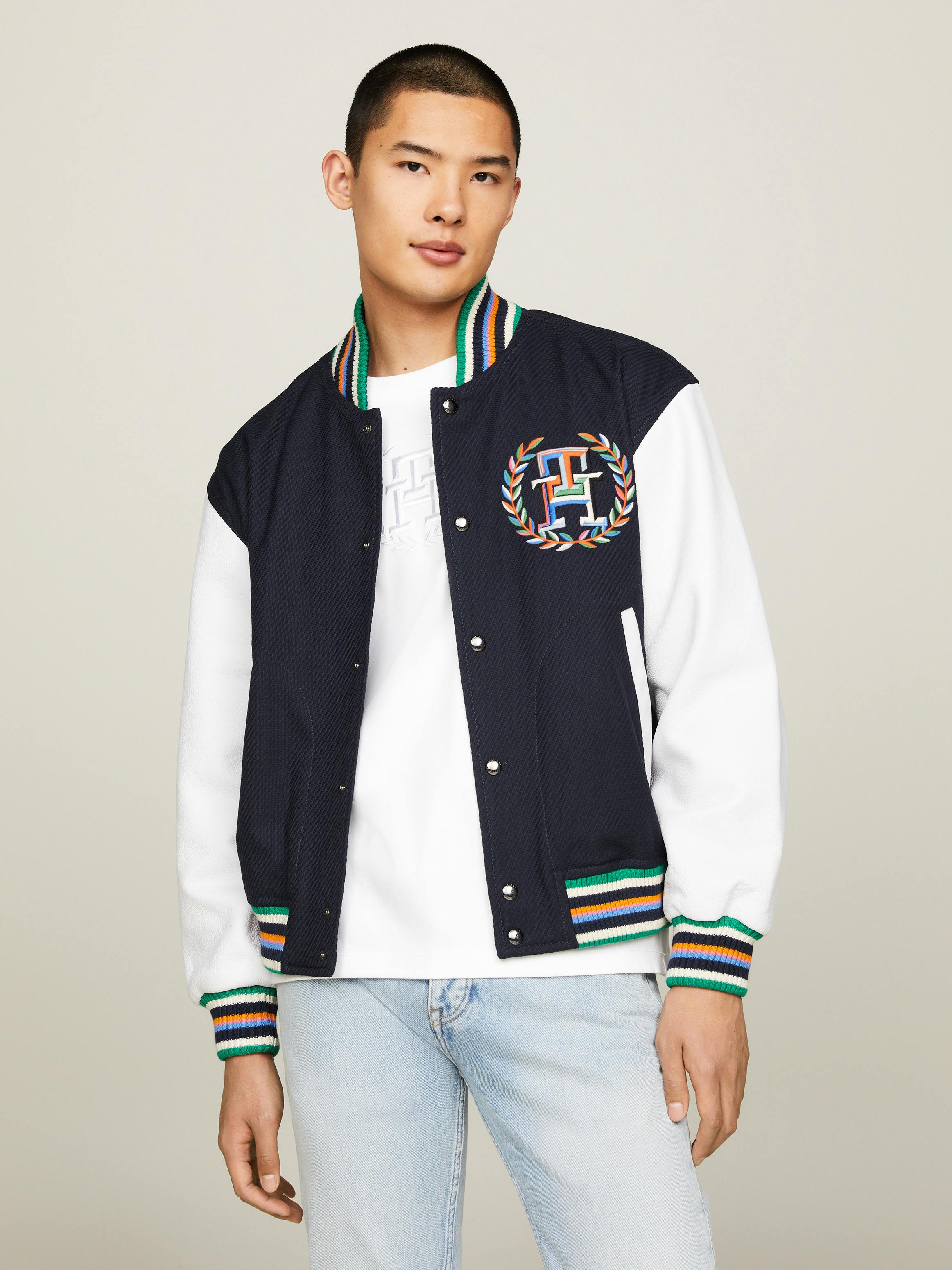 Archive Crest Logo Leather Mix Varsity Jacket | Coats & Jackets 