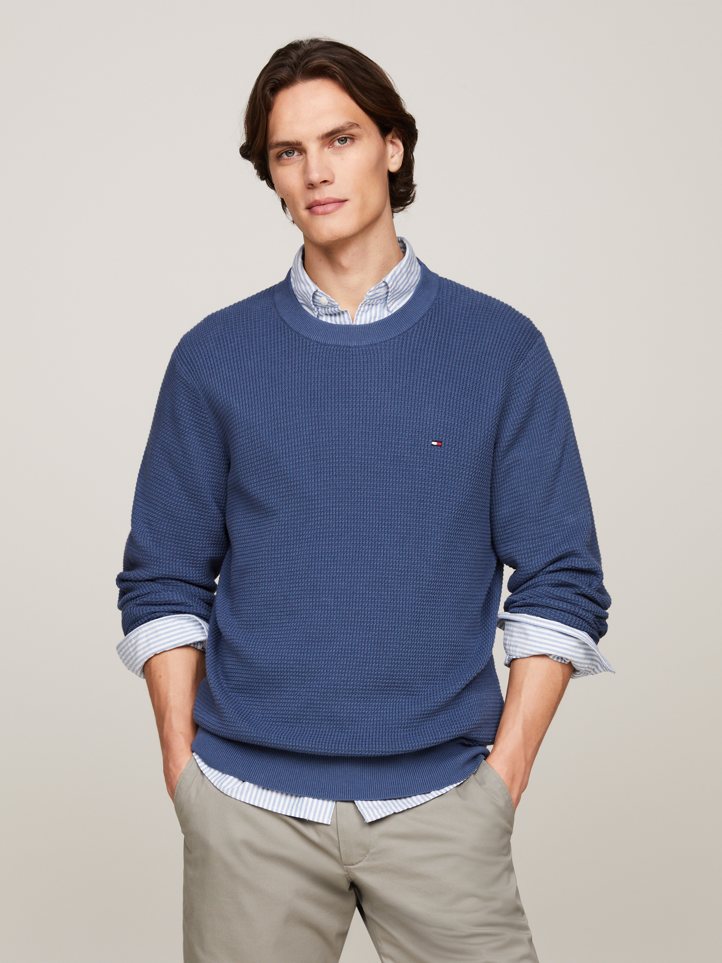 Waffle knit crew neck sweater sale