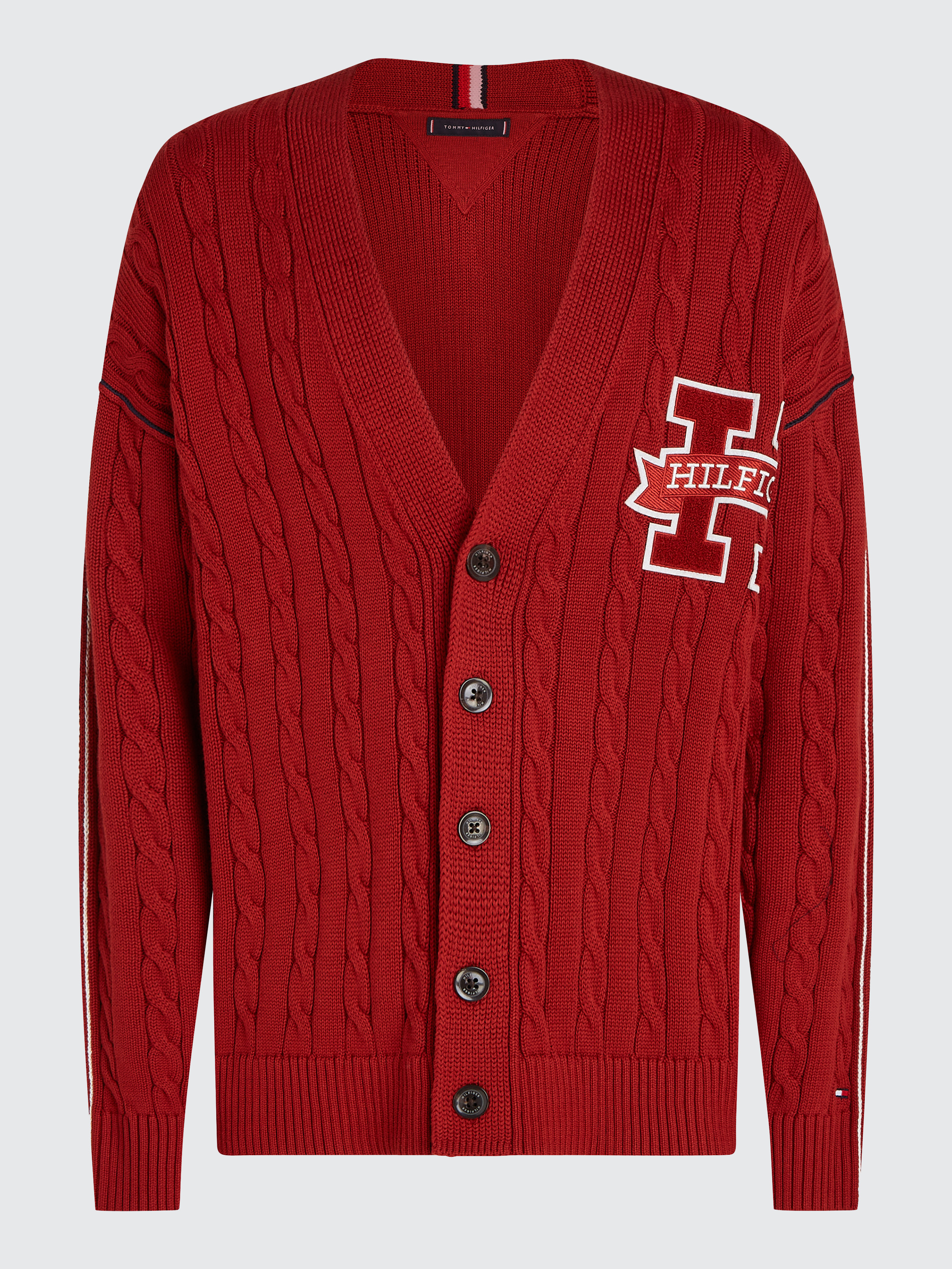 Logo Applique Cable Knit V Neck Cardigan Knitwear Tommy Hilfiger