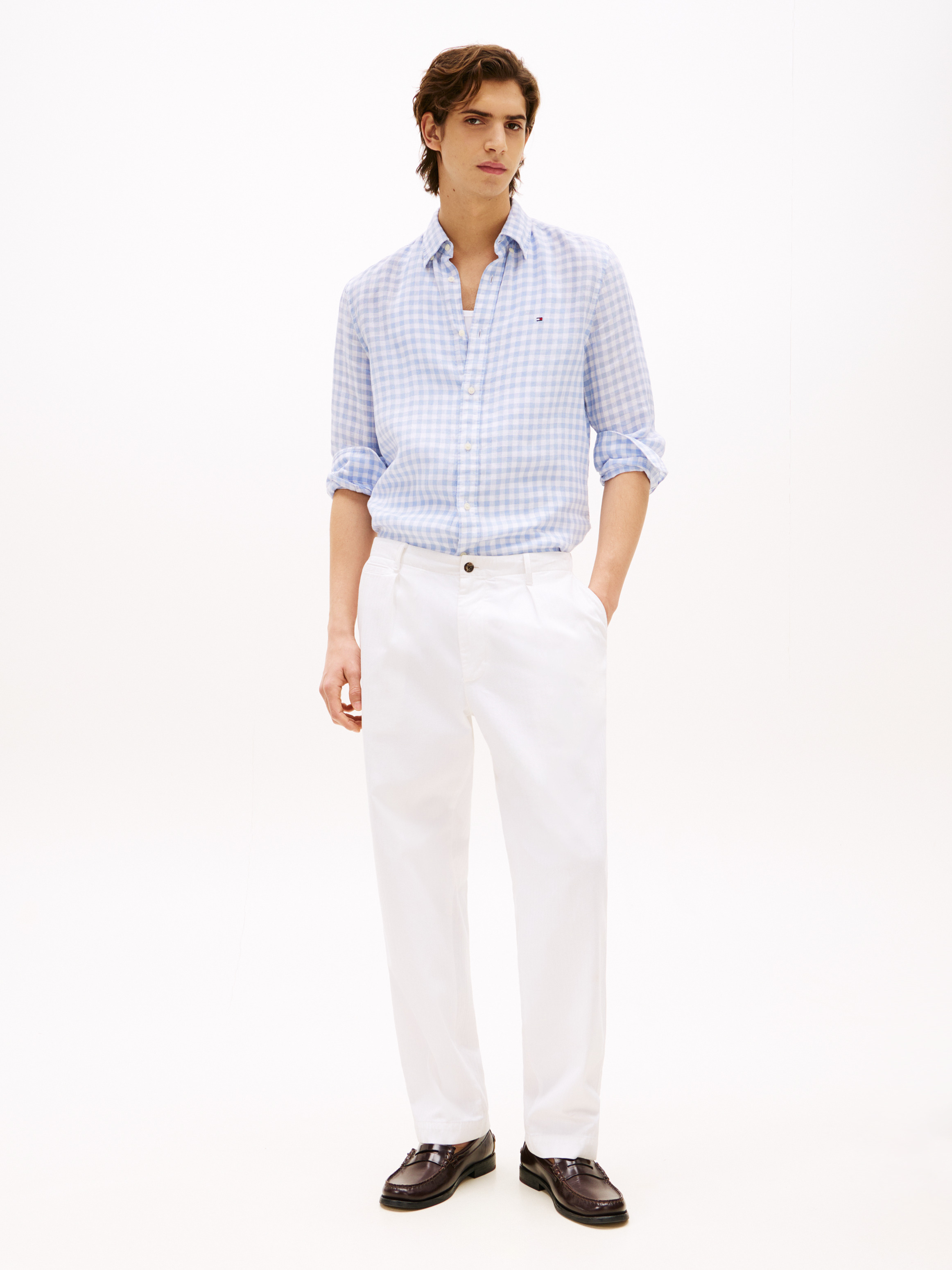 【MODERNIF】Siseu linen check shirt Blue SOFTHYPHEN Linen Check Camp Collar Shirt | SVD