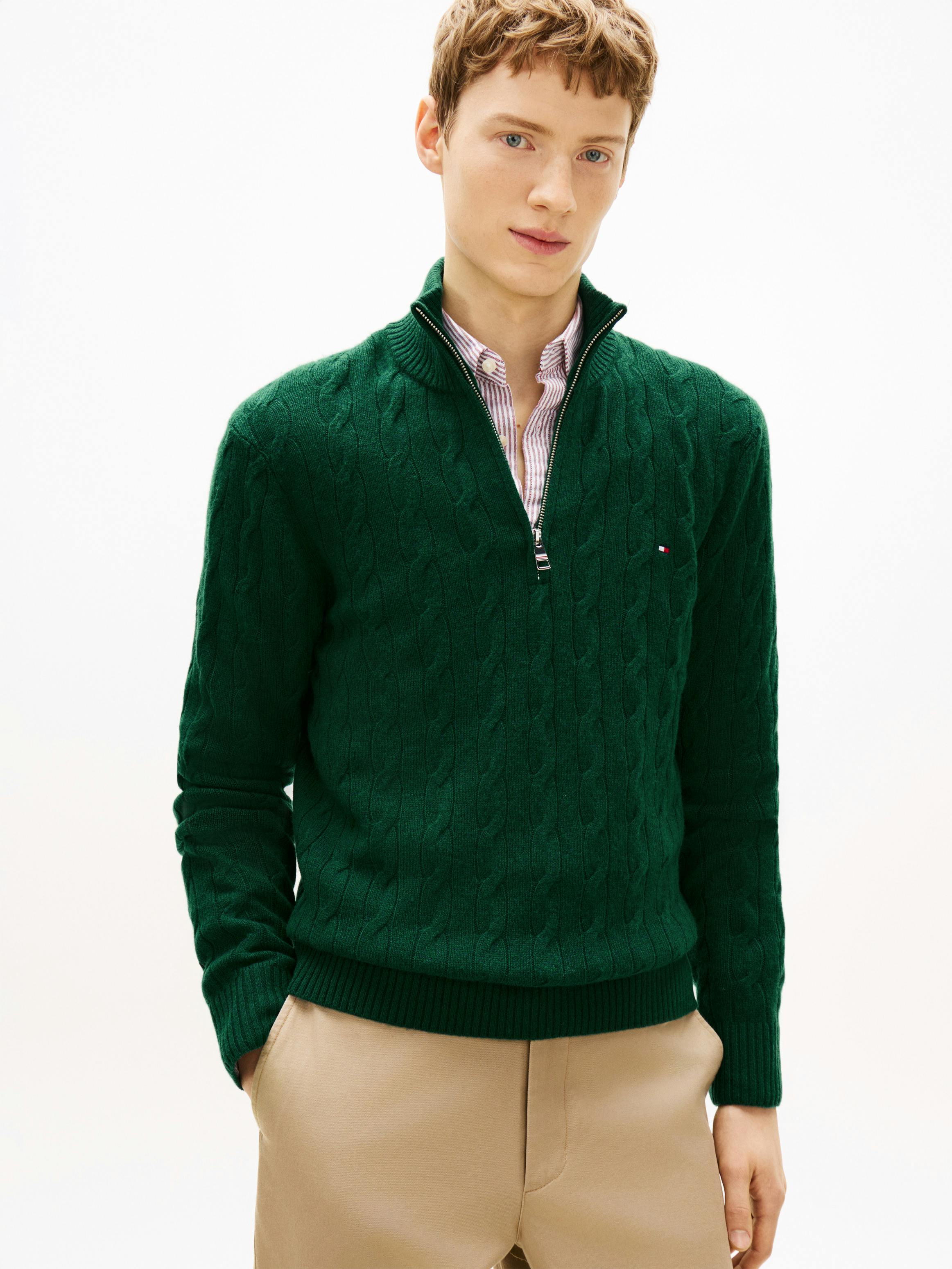 Pure Lambswool Cable Knit Quarter-Zip Jumper | Knitwear | Tommy 
