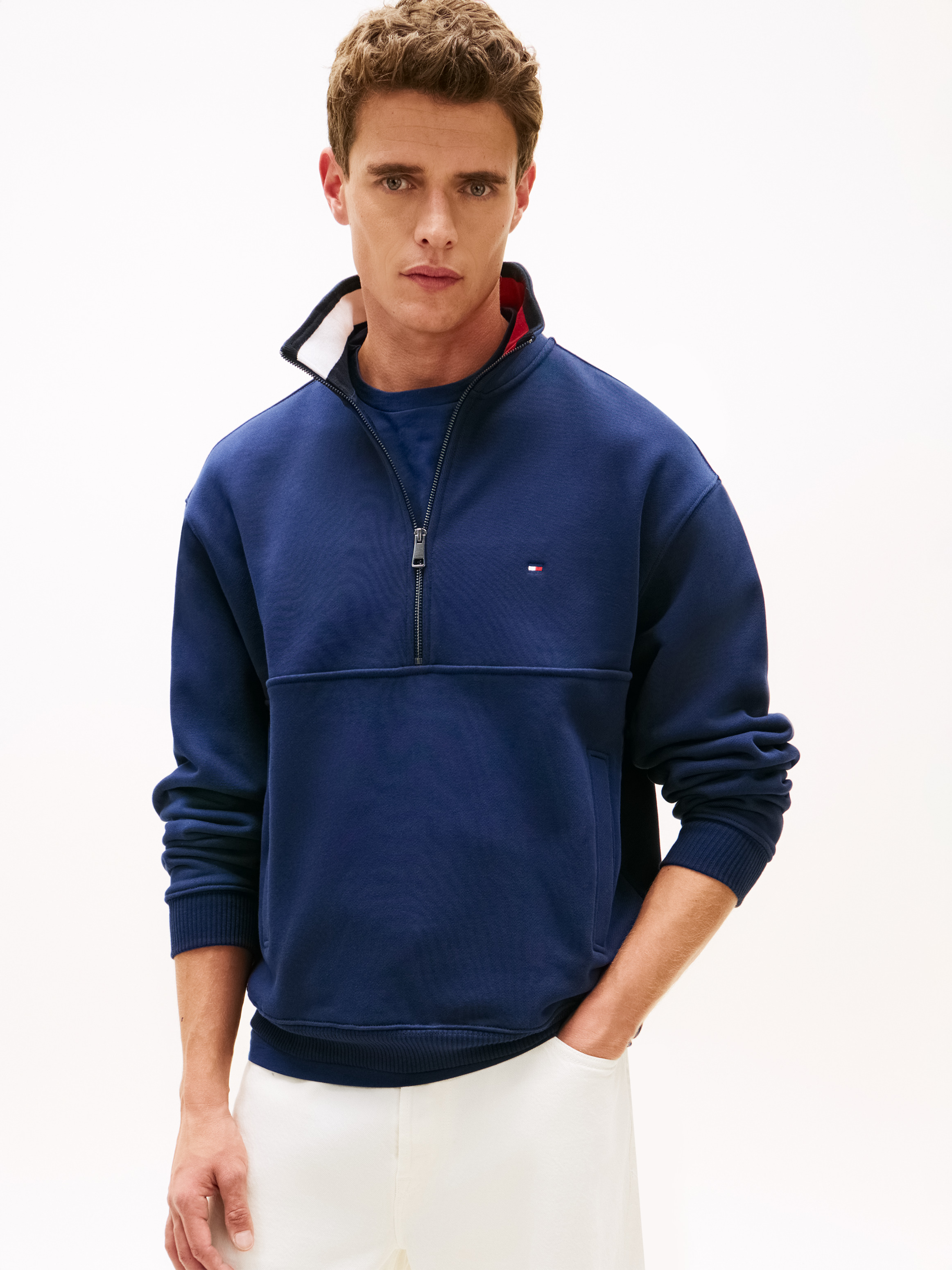 Colour-Blocked Collar Terry Half-Zip Jumper