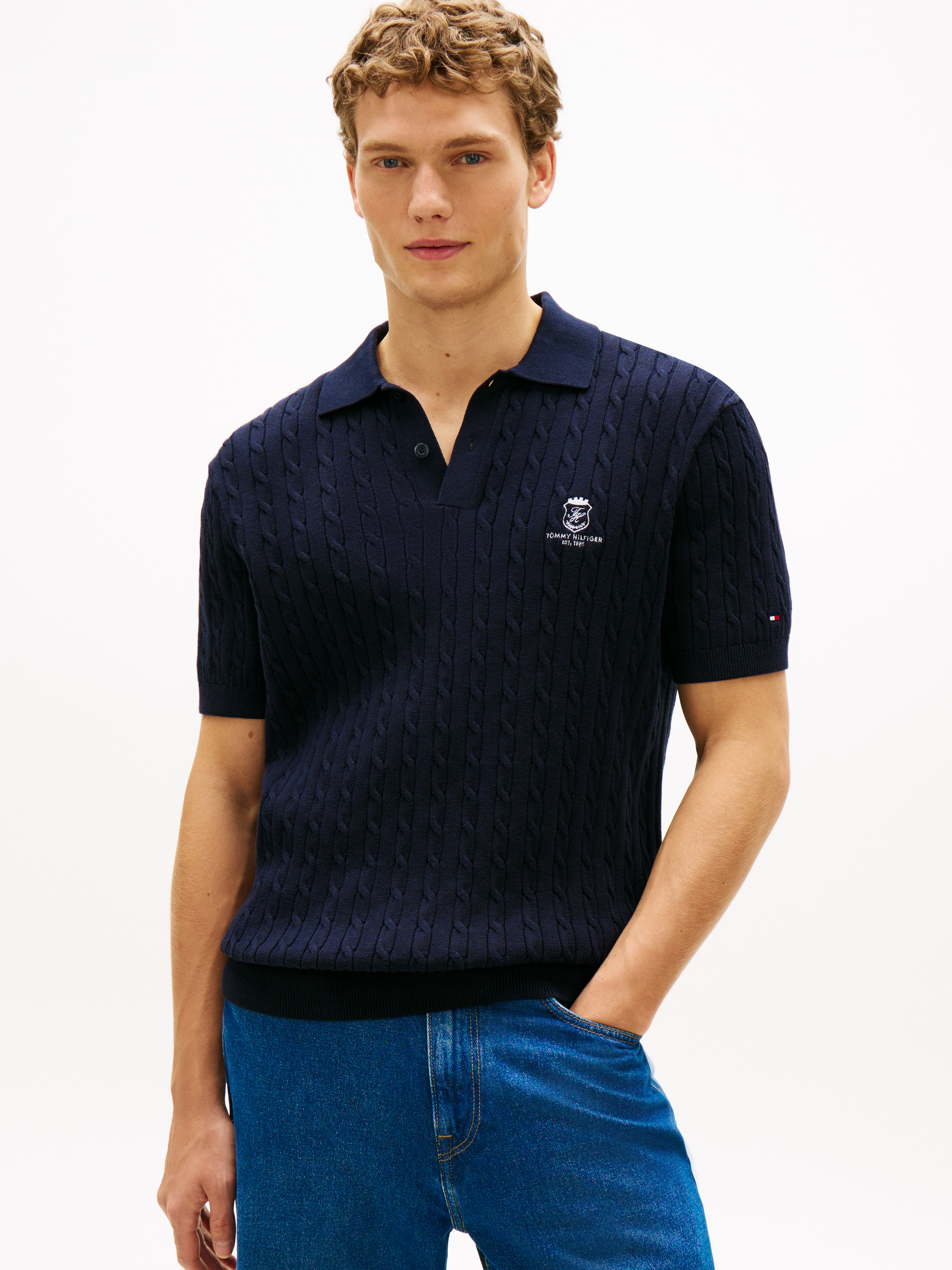 Regular Fit Embroidery Cable Knit Polo Shirt