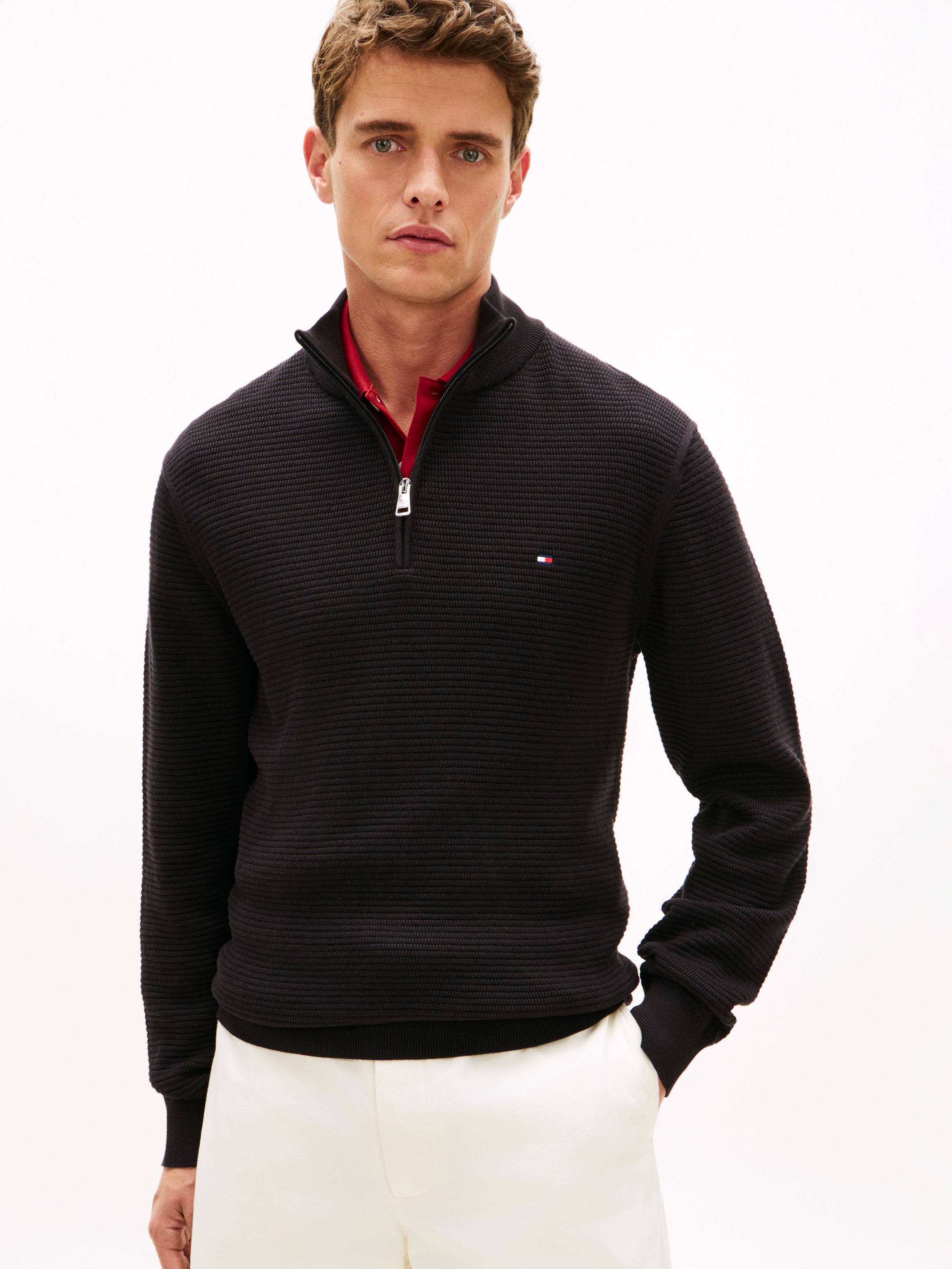Textured Half-Zip Mock Neck Jumper