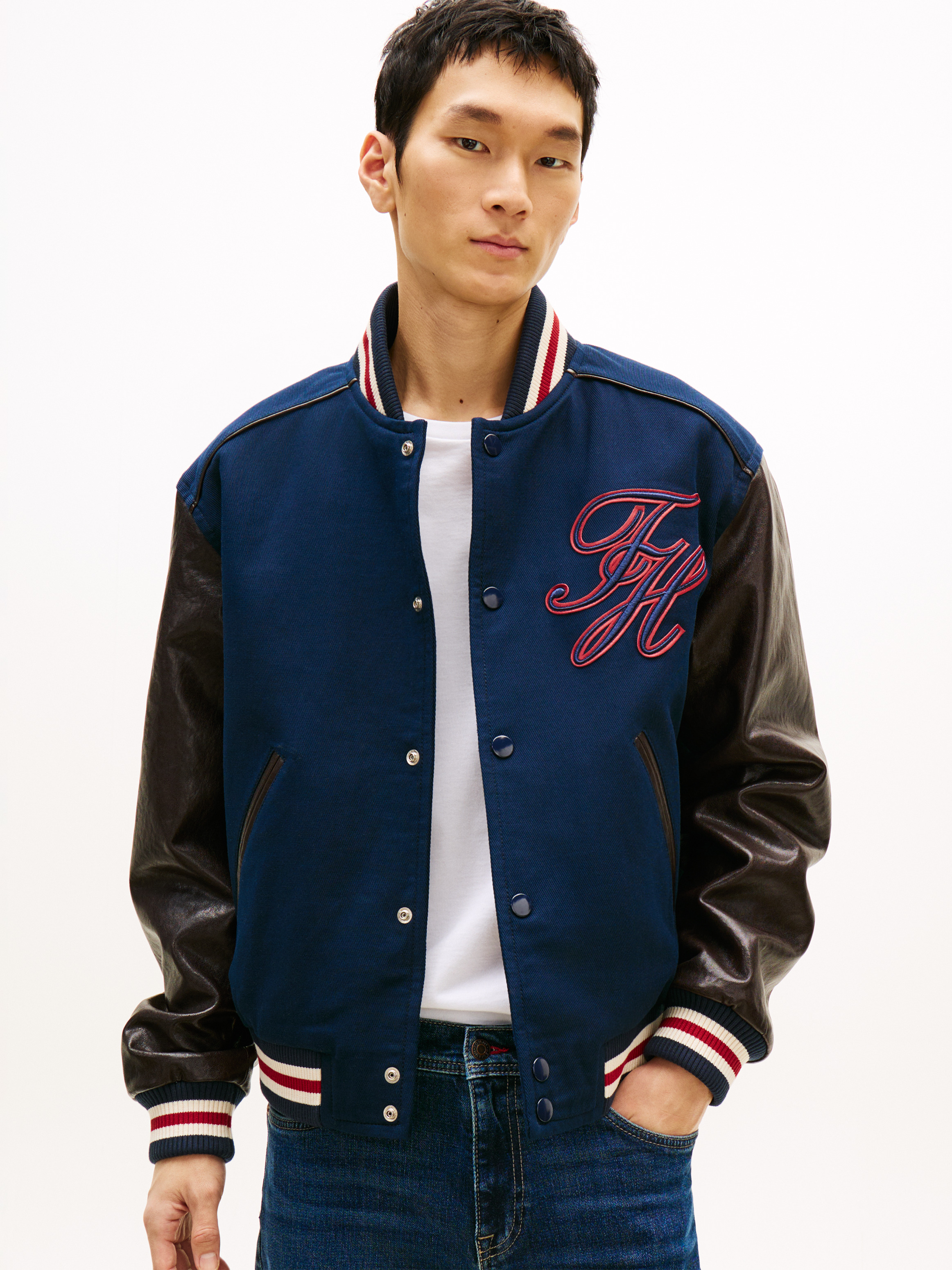 Contrast Sleeve Leather Varsity Jacket
