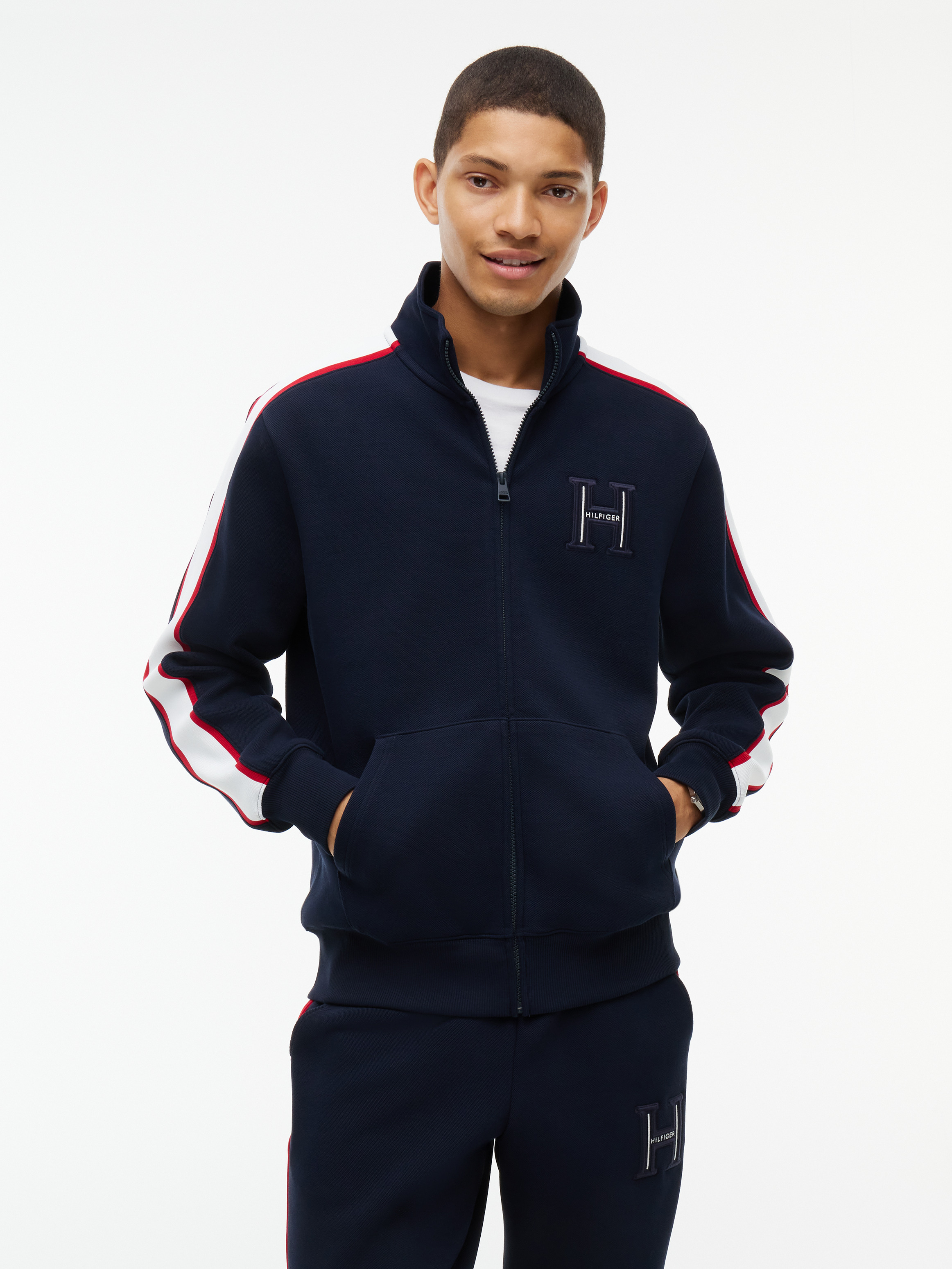 Contrast Stripe Pique Zip-Thru Sweatshirt