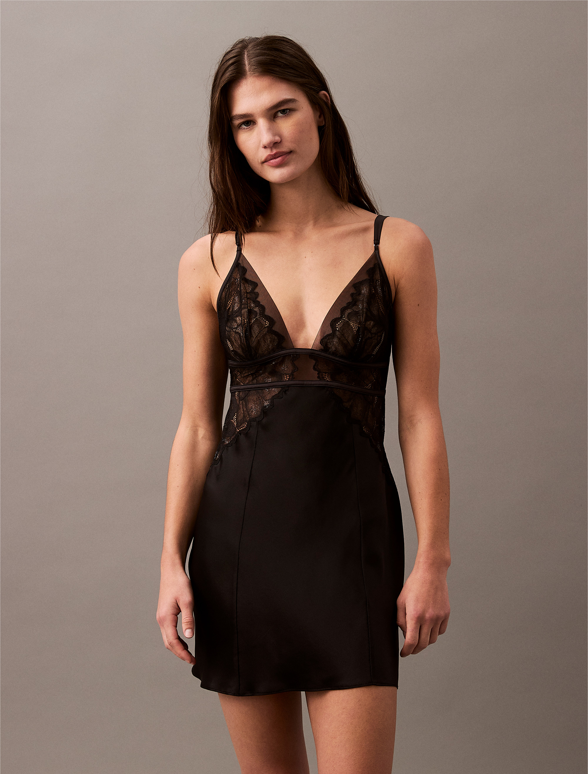 CK Black Floral Lace Silk Chemise | Calvin Klein