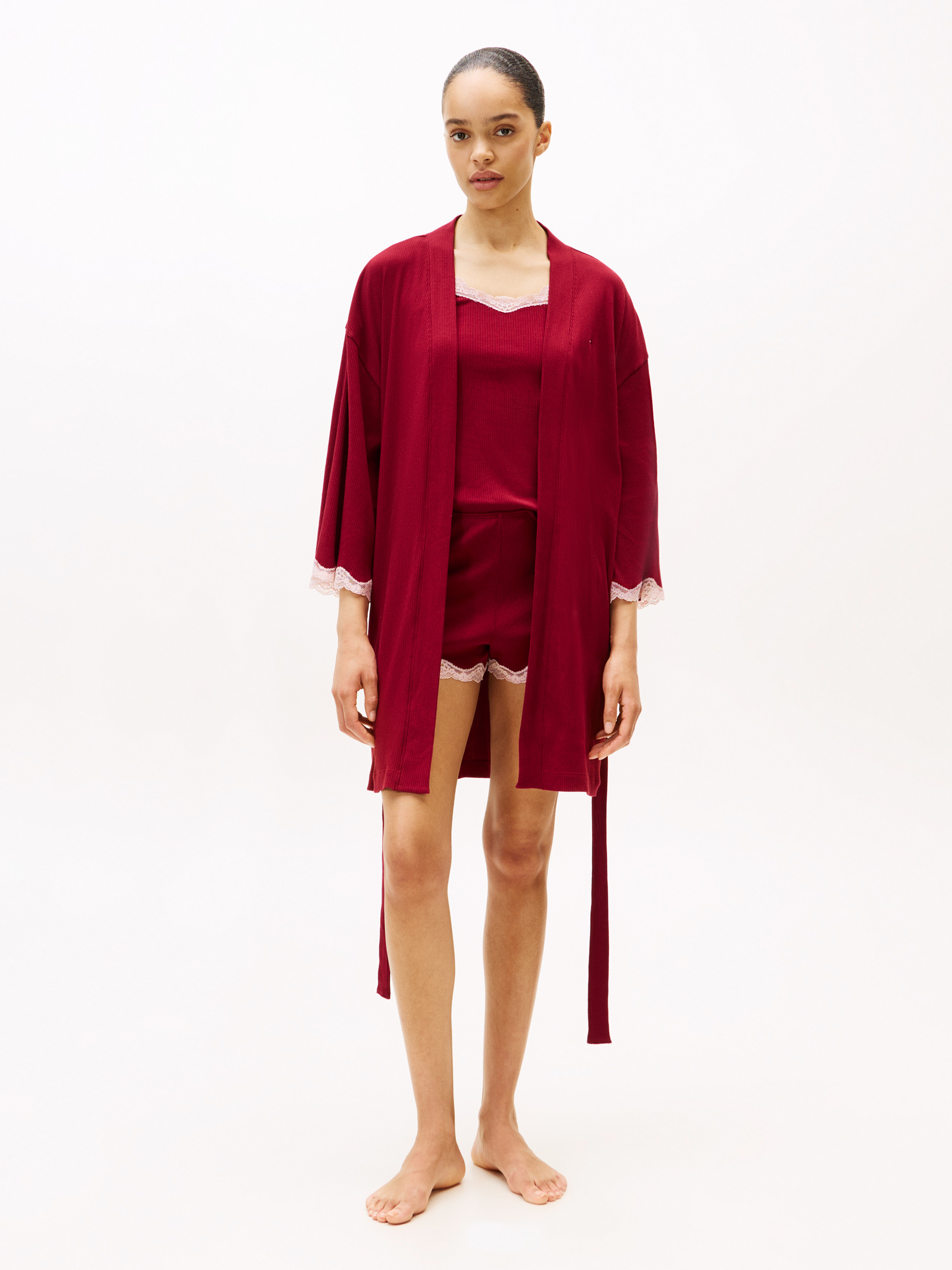 Essential Ribbed Lace Trim Robe