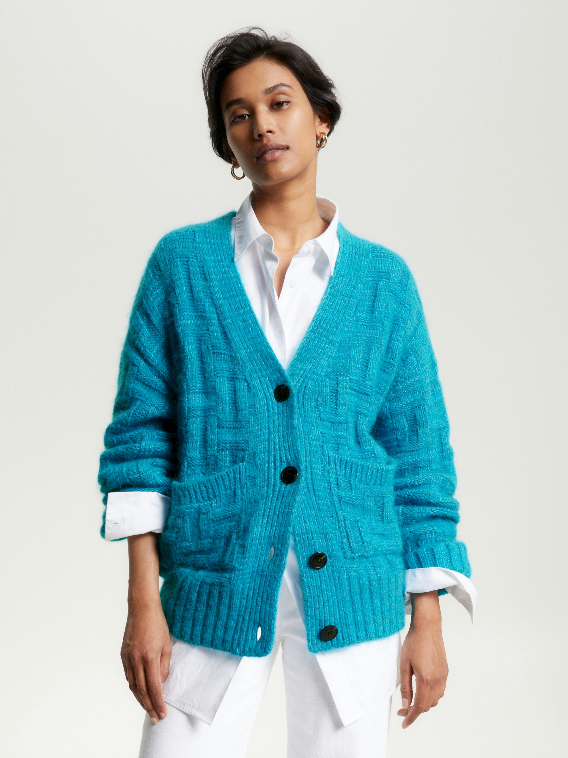 Tonal Texture V-Neck Oversized Cardigan Knitwear Tommy Hilfiger