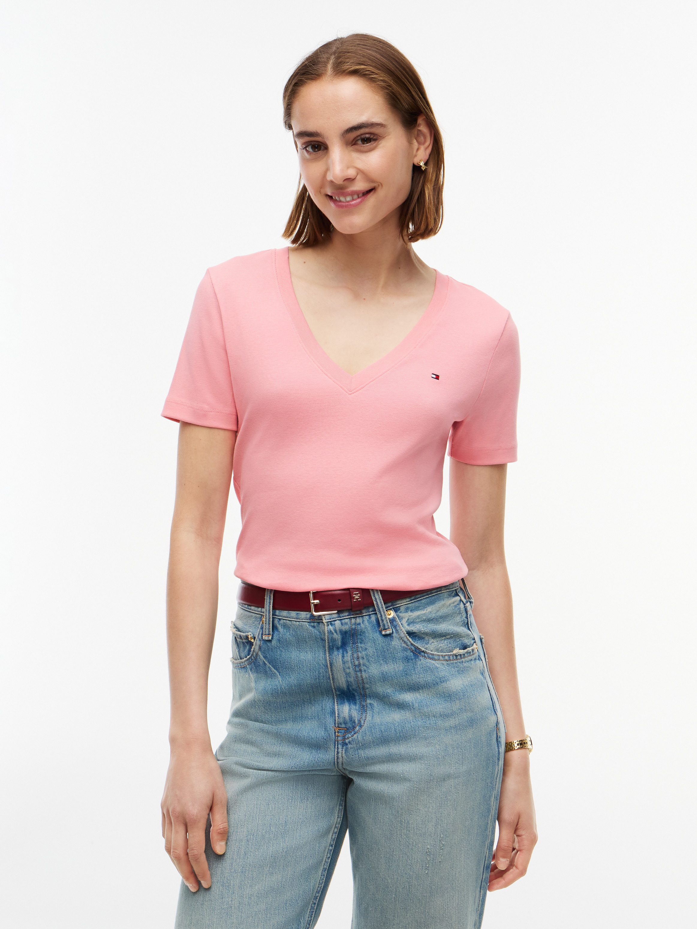 Flag Embroidery V-Neck Slim Fit T-Shirt