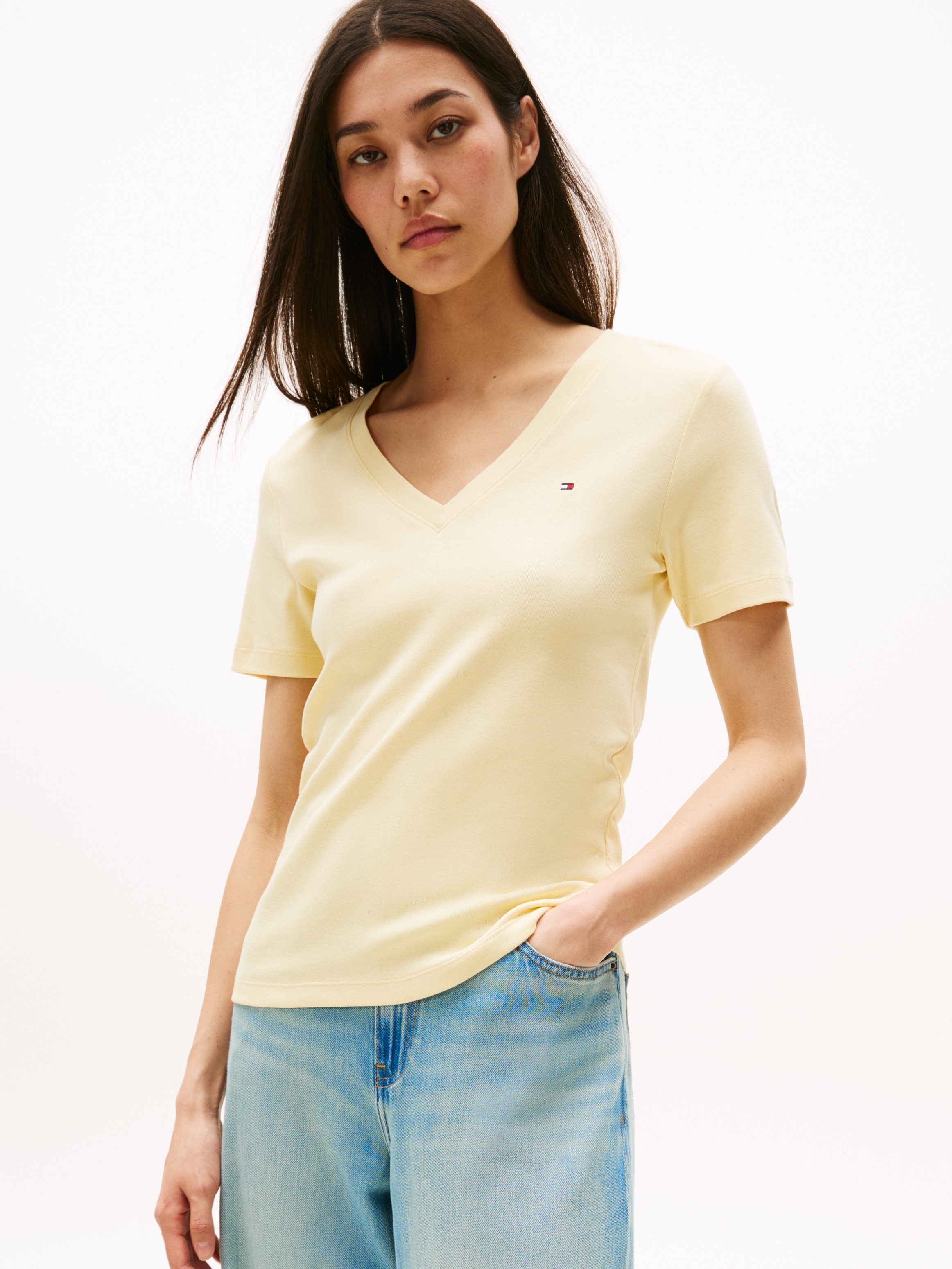 Flag Embroidery V-Neck Slim Fit T-Shirt