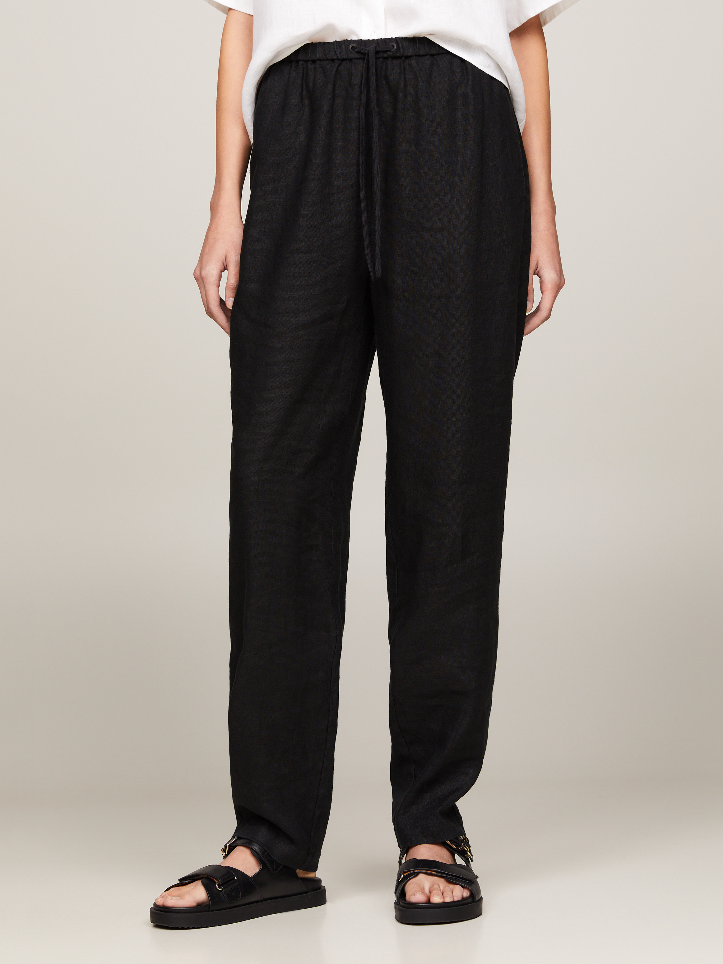 Casual Linen Tapered Drawstring Trousers