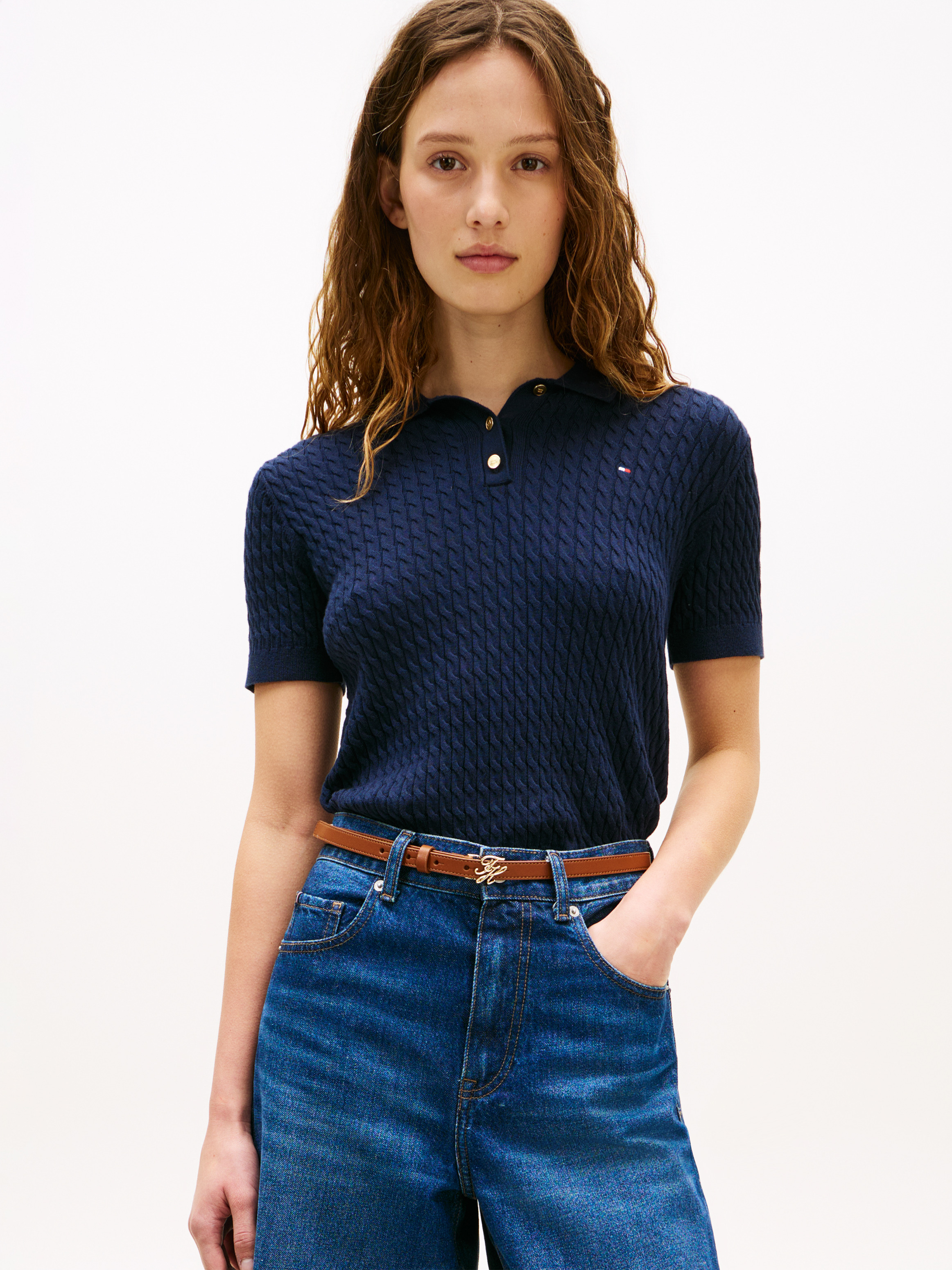 Cable Knit Polo Short Sleeve Jumper