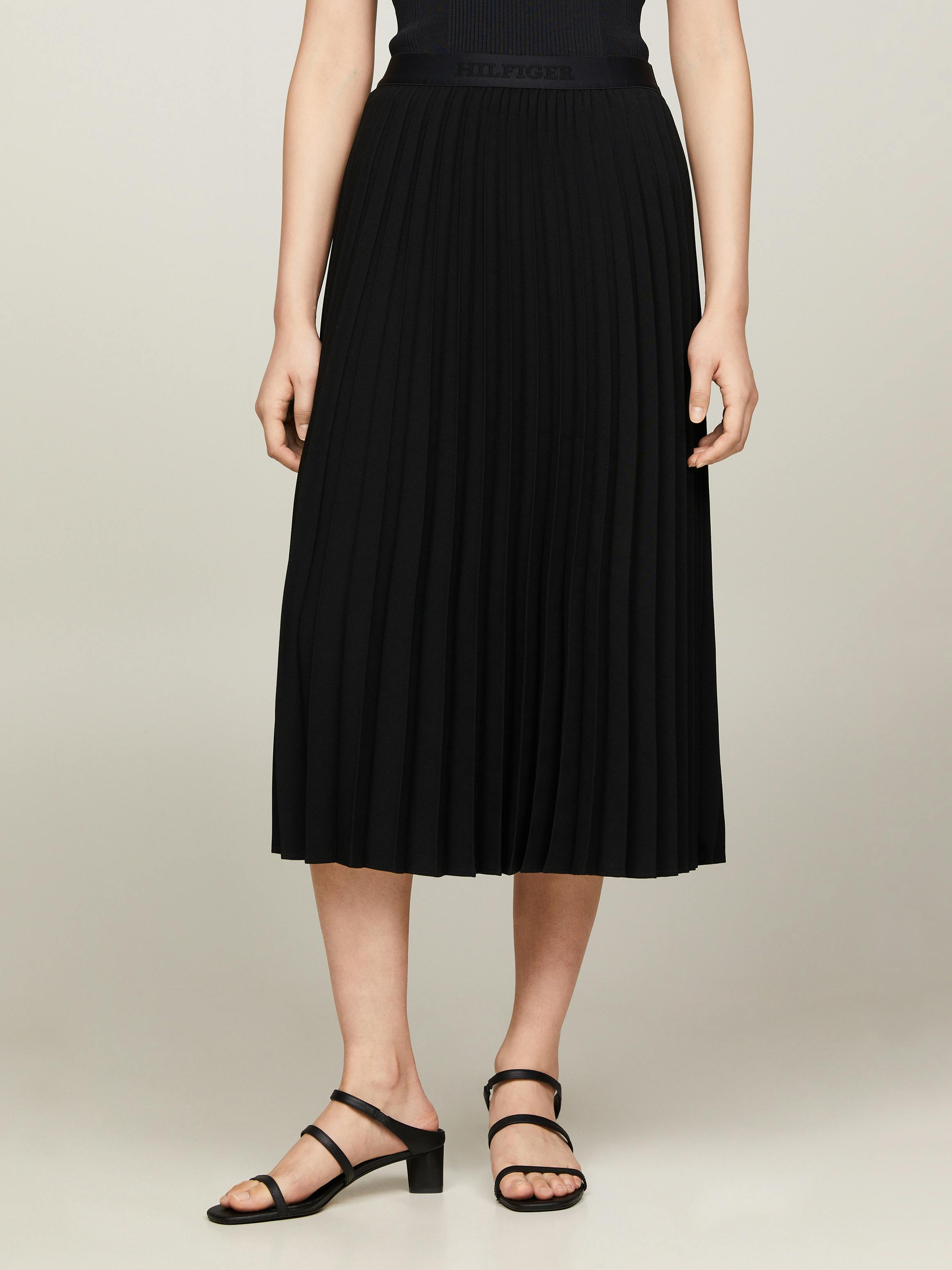 Logo Waistband Pleated Midi Skirt