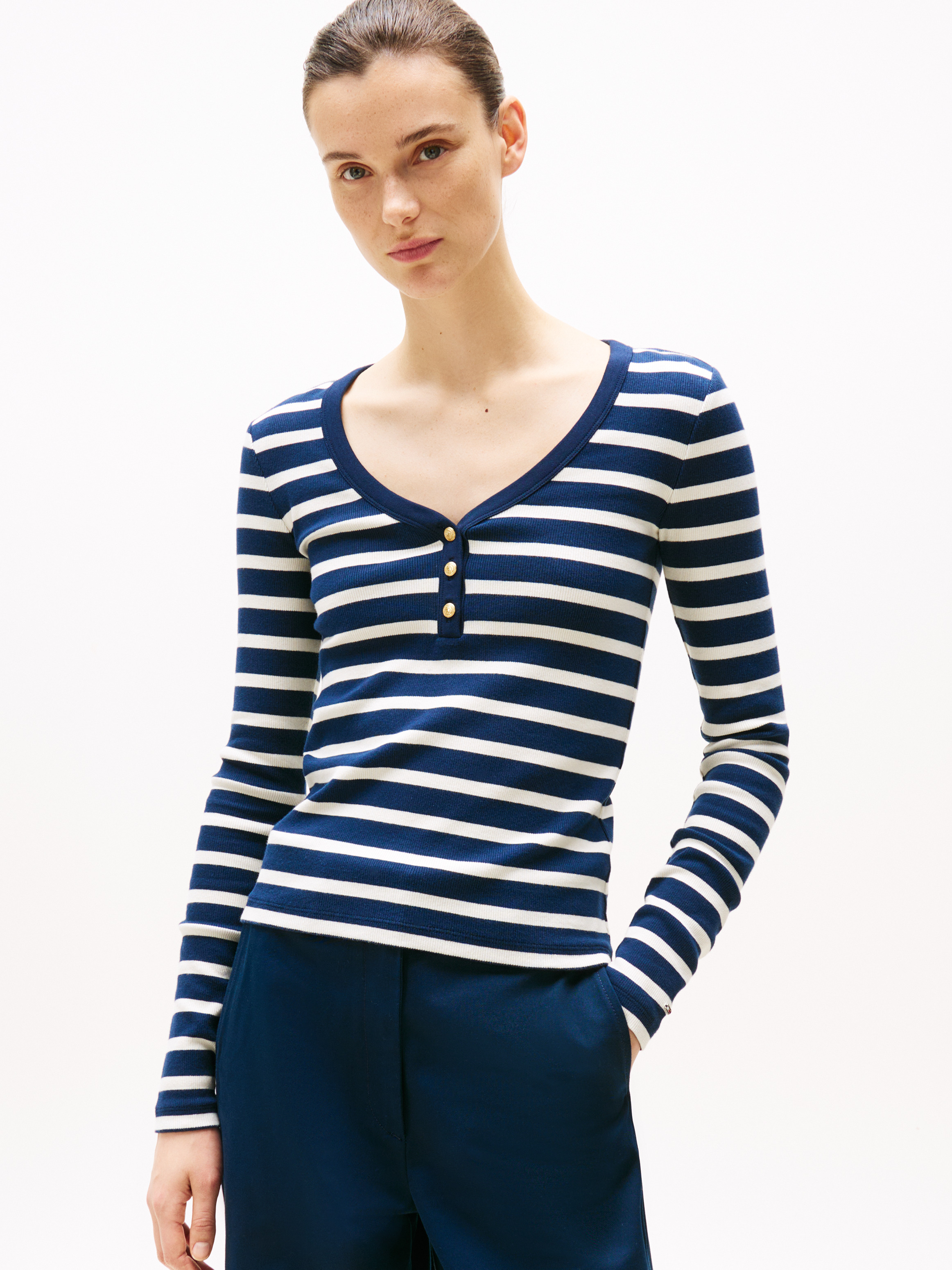 売れ筋商品|||トミー ヒルフィガー Tシャツ レディース トップス SLIM HENLEY SCOOP - Long sleeved top - dark night navy/calico WW0WW439050A4-MO-ST-F1.jpg?w=