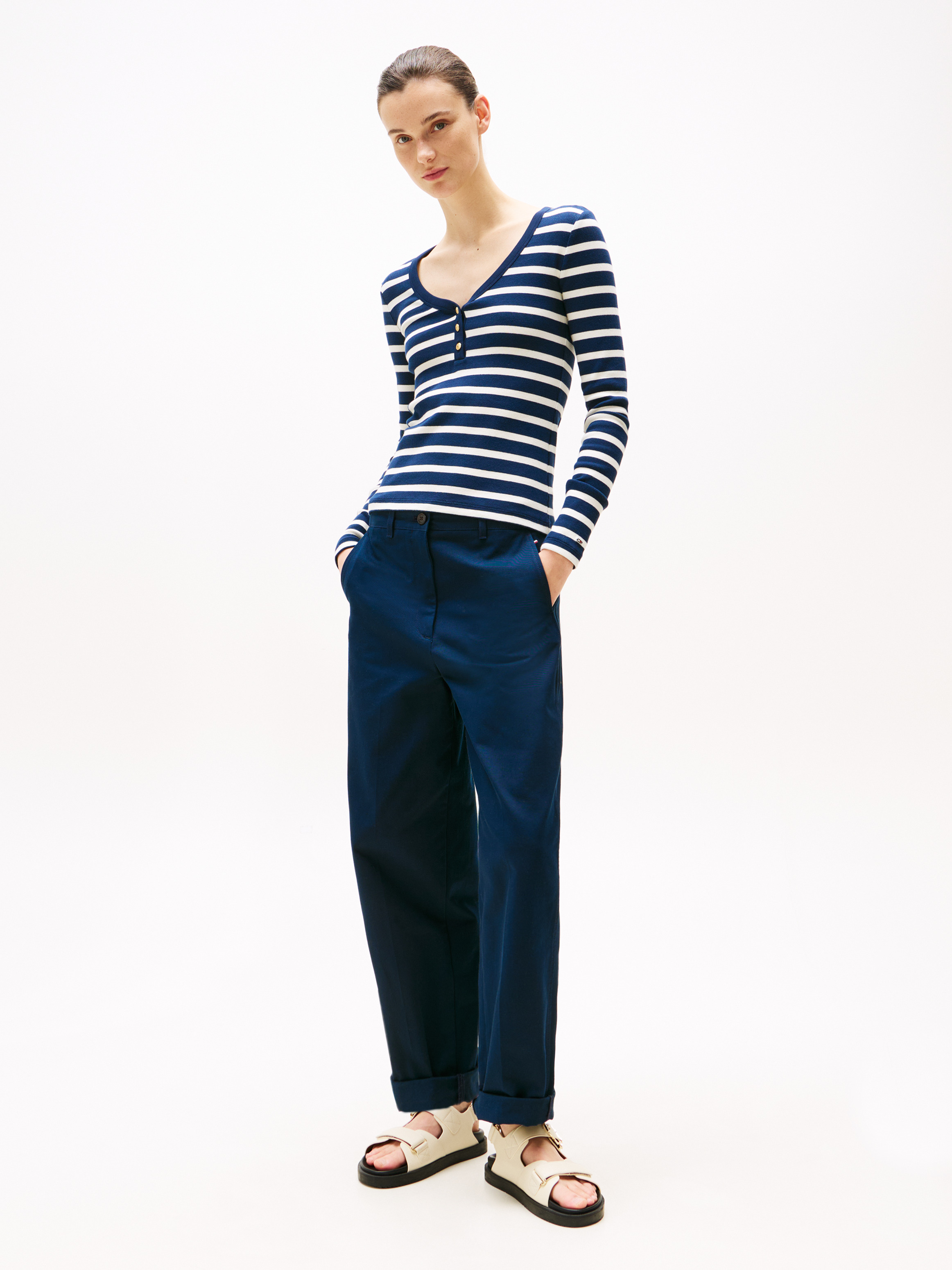 売れ筋商品|||トミー ヒルフィガー Tシャツ レディース トップス SLIM HENLEY SCOOP - Long sleeved top - dark night navy/calico Henley Slim Long Sleeve T-Shirt | T-Shirts & Tops | Sportswear