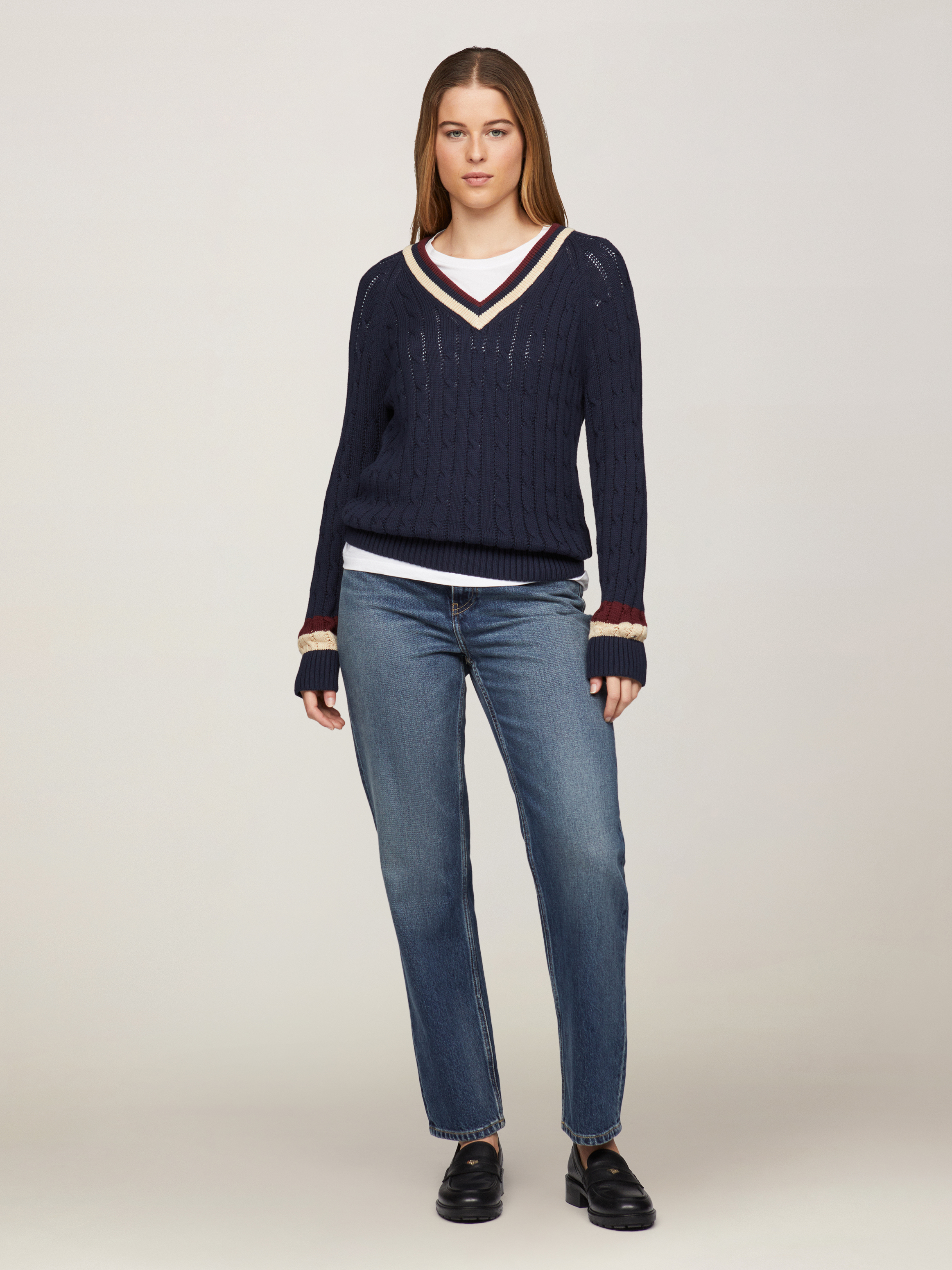 ★★ ★★ Varsity Cable V-Neck Sweater T22F0KTO The Varsity Cable-Knit V-Neck Sweater | Nautica