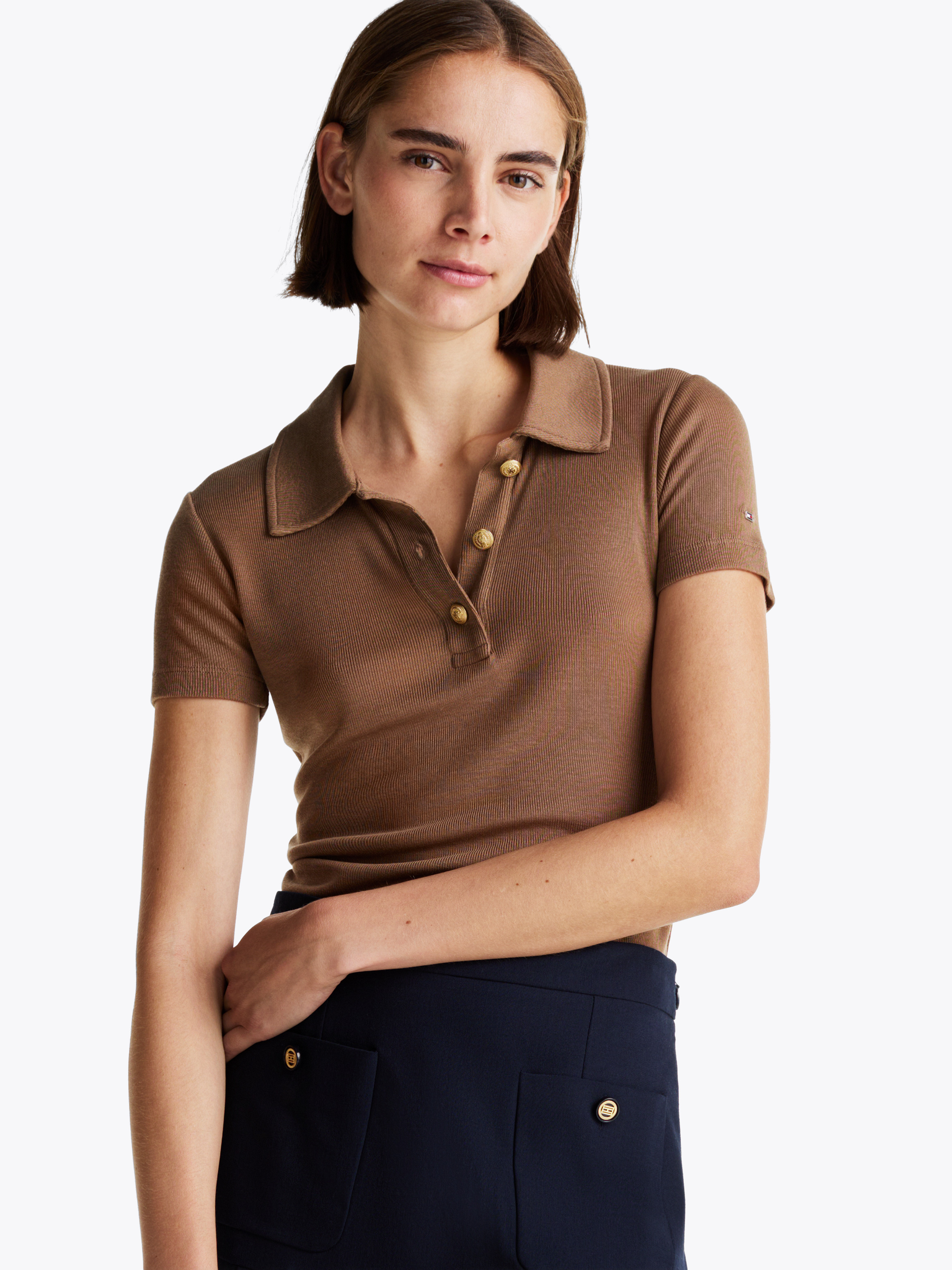 売れ筋商品|||トミー ヒルフィガー Tシャツ レディース トップス GOLD BUTTON SLIM POLO - Polo shirt - black Gold-Tone Button Slim Polo Shirt | Blue | Tommy Hilfiger