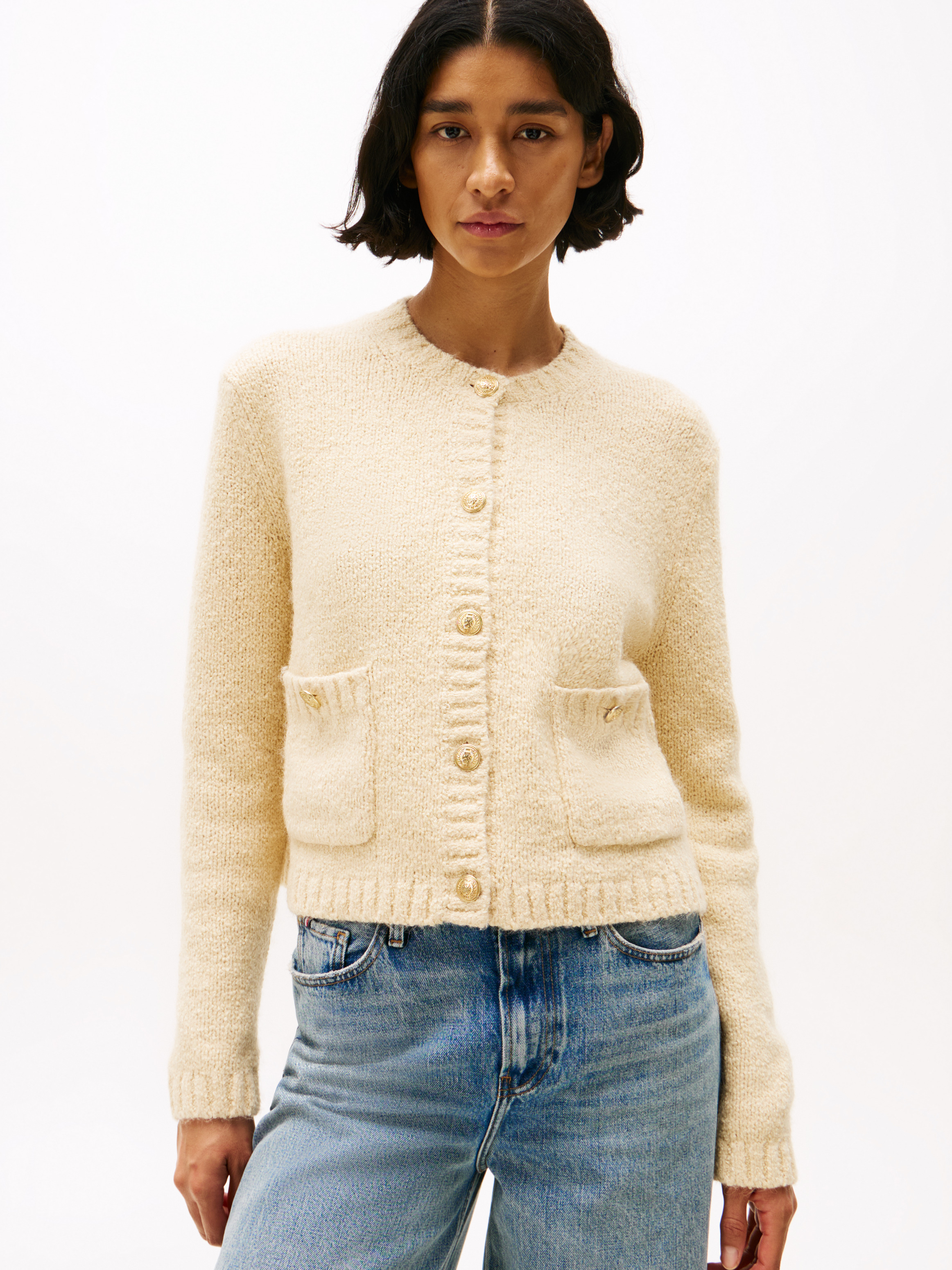 トップス GOLDEN  KNIT CARDIGAN Women's Knitted Cardigan Sweater with Golden Buttonsfront