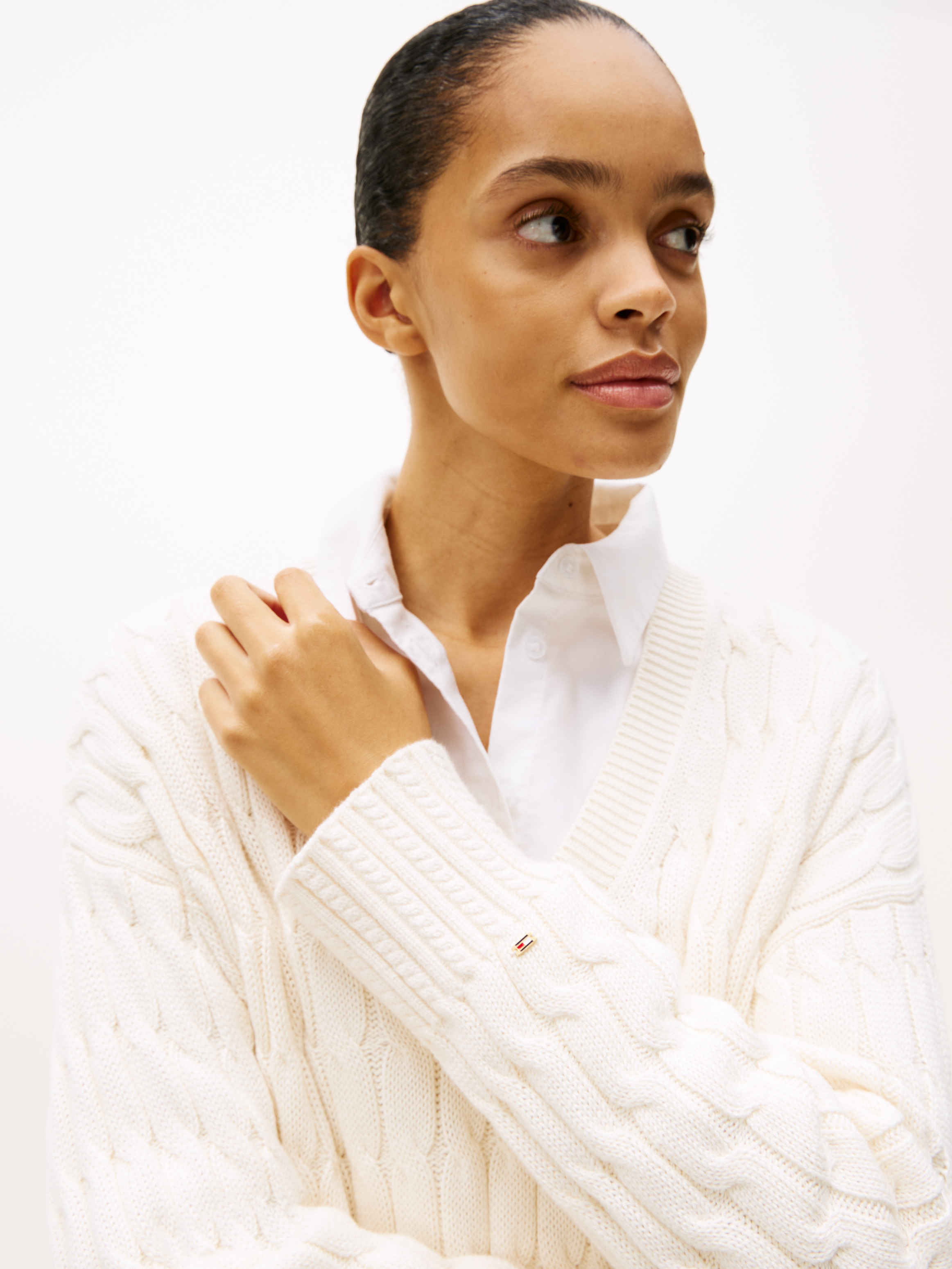 Cable Knit Relaxed V-Neck Jumper | Knitwear | Sportswear
