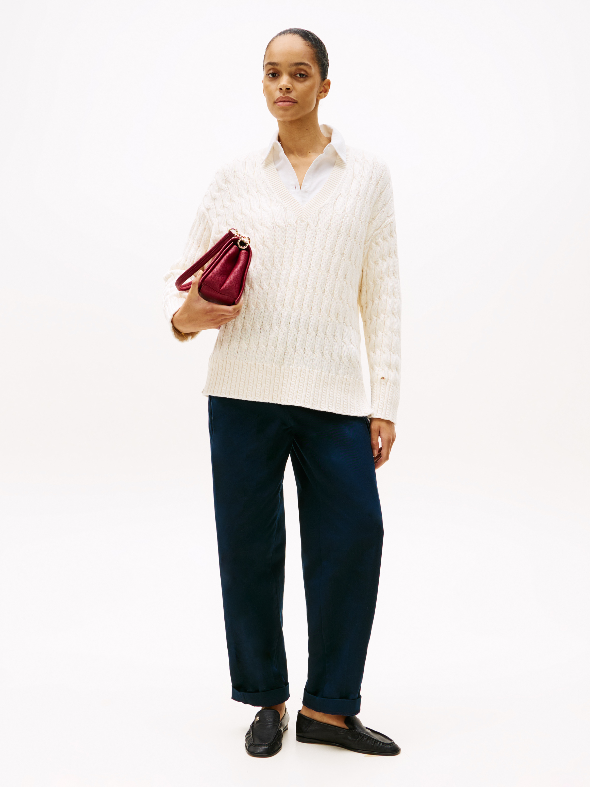 Cable Knit Relaxed V-Neck Jumper | Knitwear | Sportswear