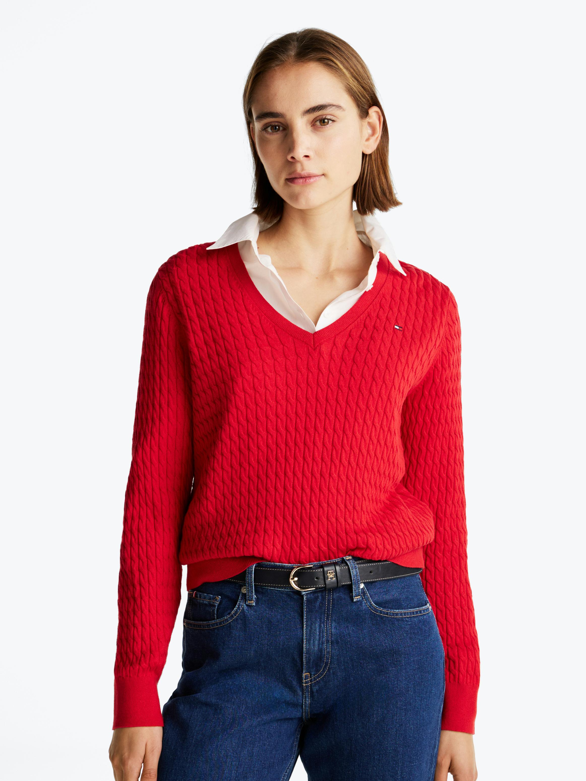 Cable Knit V-Neck Jumper Knitwear Tommy Hilfiger