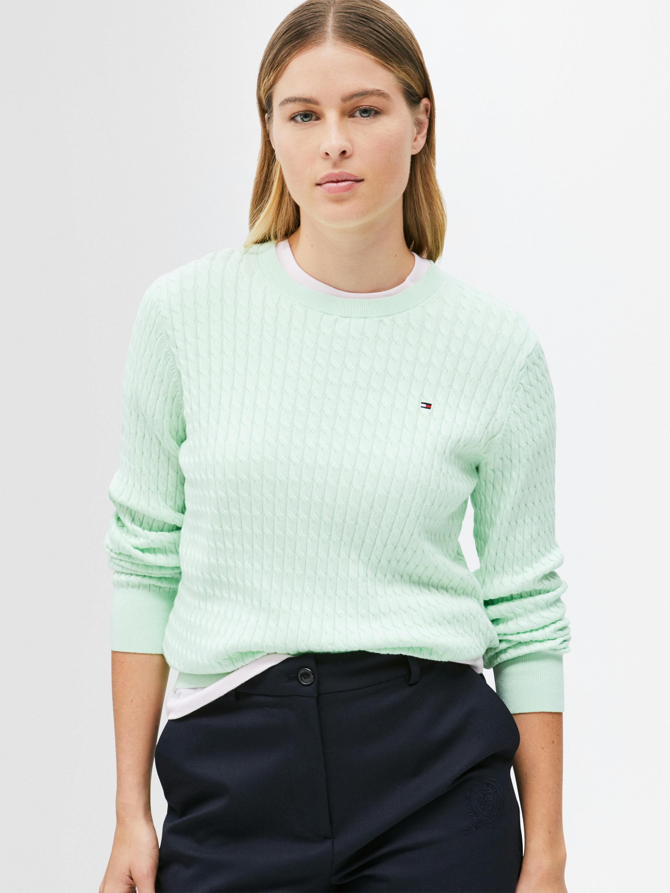Crew Neck Cable And Gauge Women's Sweaters Fine Gauge Cable