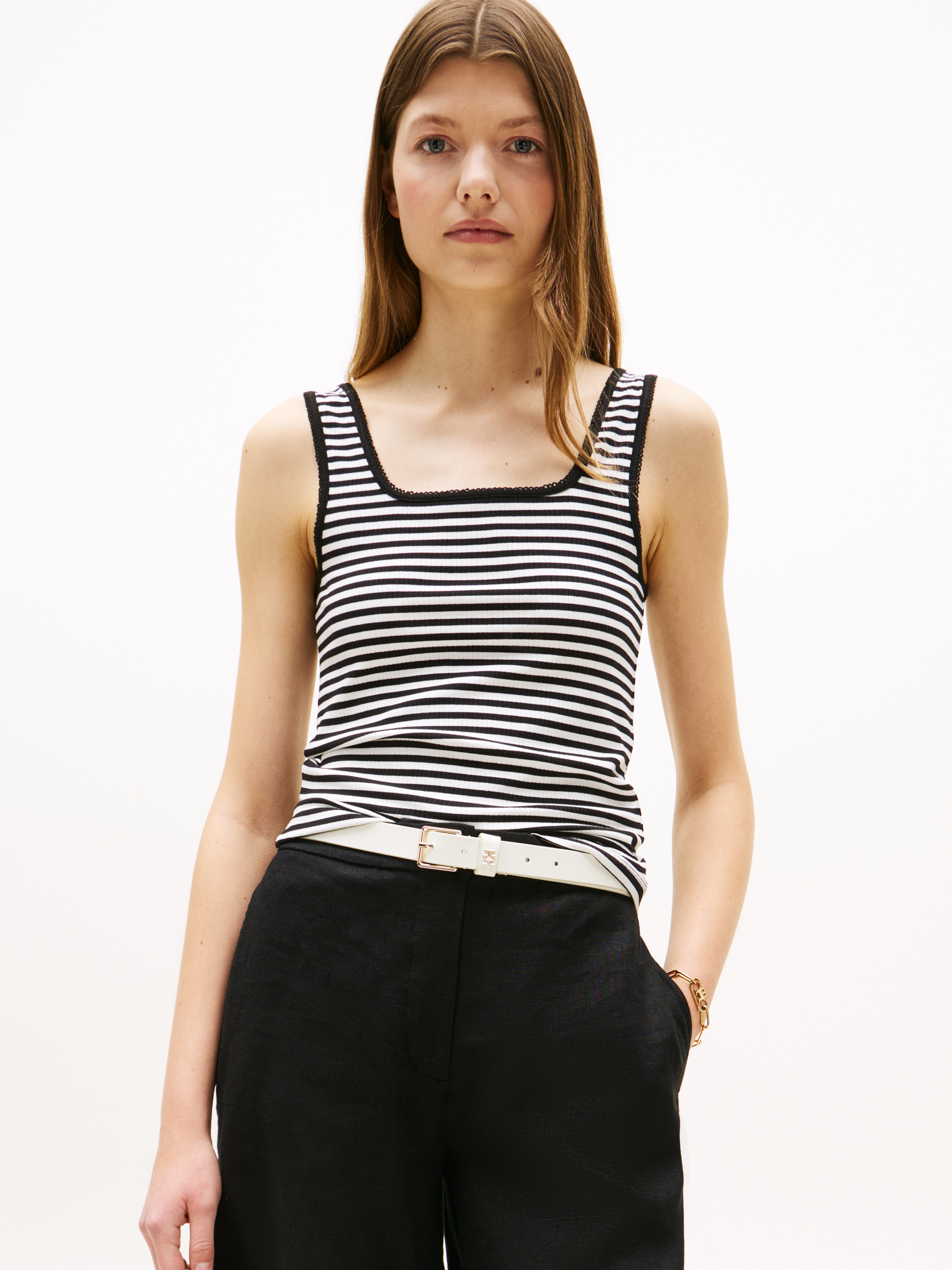 売れ筋商品|||トミー ヒルフィガー Tシャツ レディース トップス SLIM SQUARE TANK - Top - ecru/black Ribbed Square Neck Slim Tank Top | Tops | Tommy Hilfiger