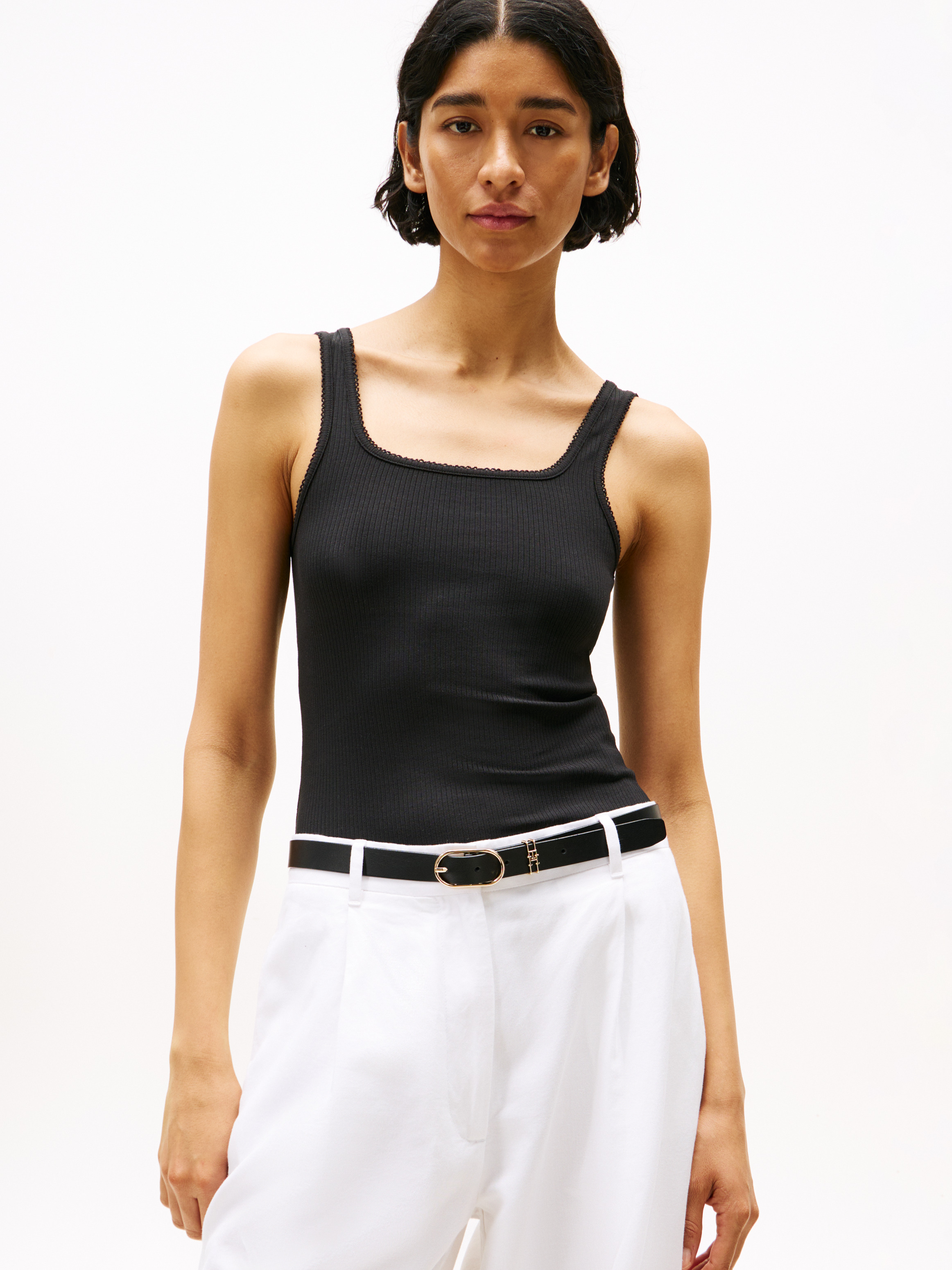 売れ筋商品|||トミー ヒルフィガー Tシャツ レディース トップス SLIM SQUARE TANK - Top - ecru/black Ribbed Square Neck Slim Tank Top | Tops | Tommy Hilfiger