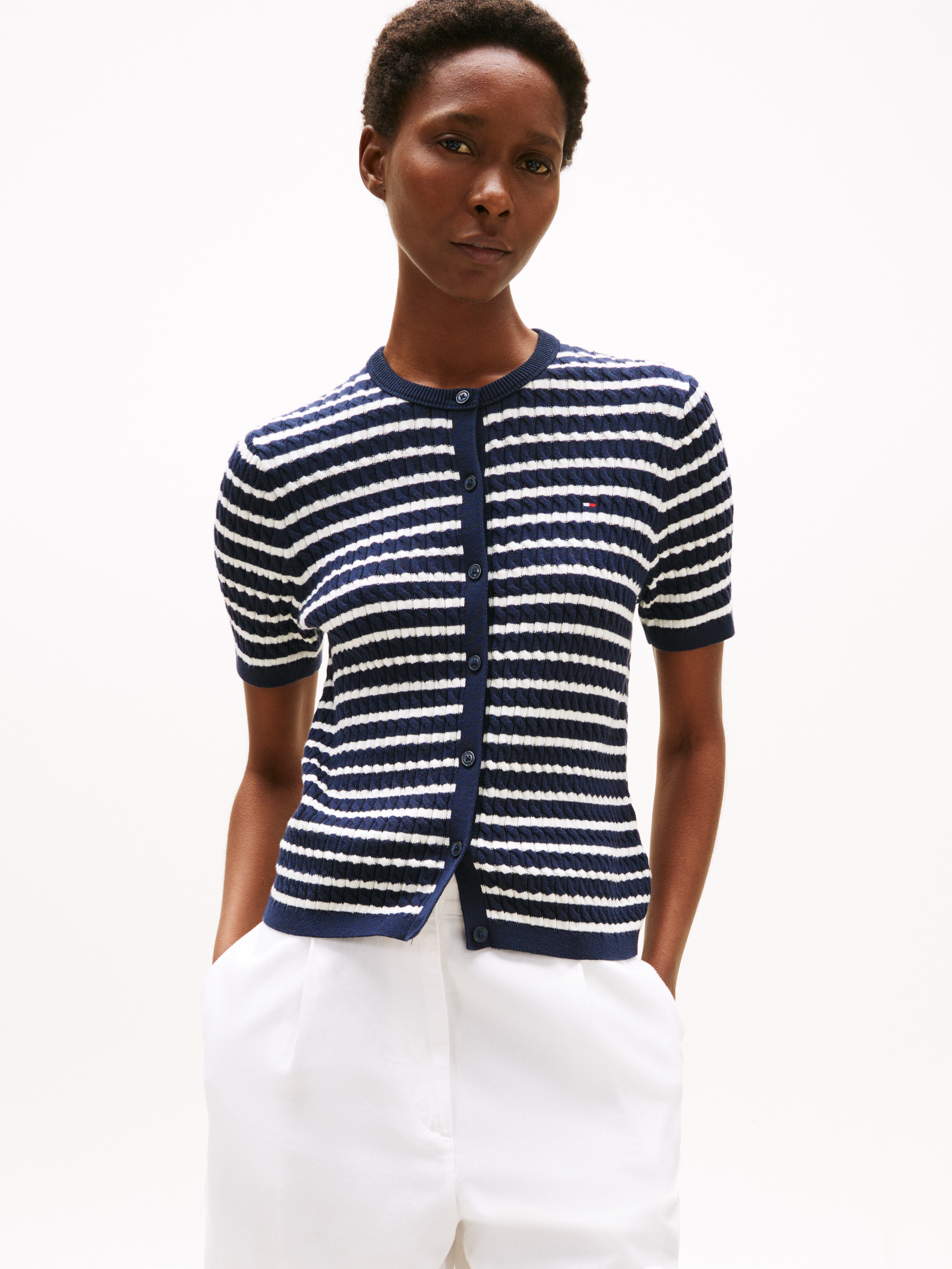 CLANE - CLANE／STRIPE CABLE HALF SLEEVE CARDIGAN CLANE（クラネ）の「【CLANE/クラネ】ストライプケーブルハーフ