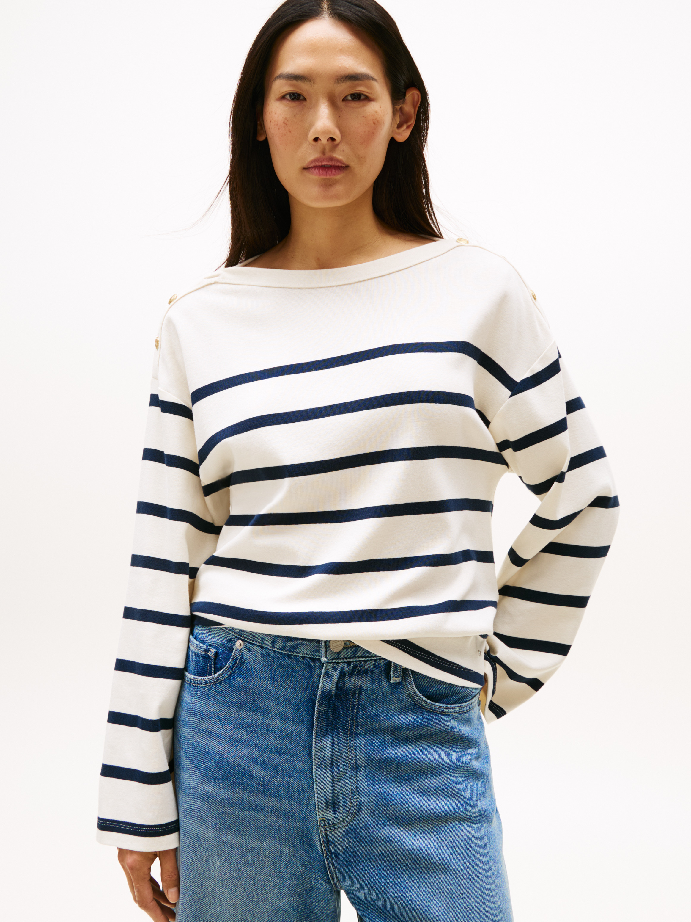 売れ筋商品|||トミー ヒルフィガー Tシャツ レディース トップス BUTTON BOAT TEE - Long sleeved top - ivory silk/dark night navy Boat Neck Long Sleeve Top | Tops | Tommy Hilfiger