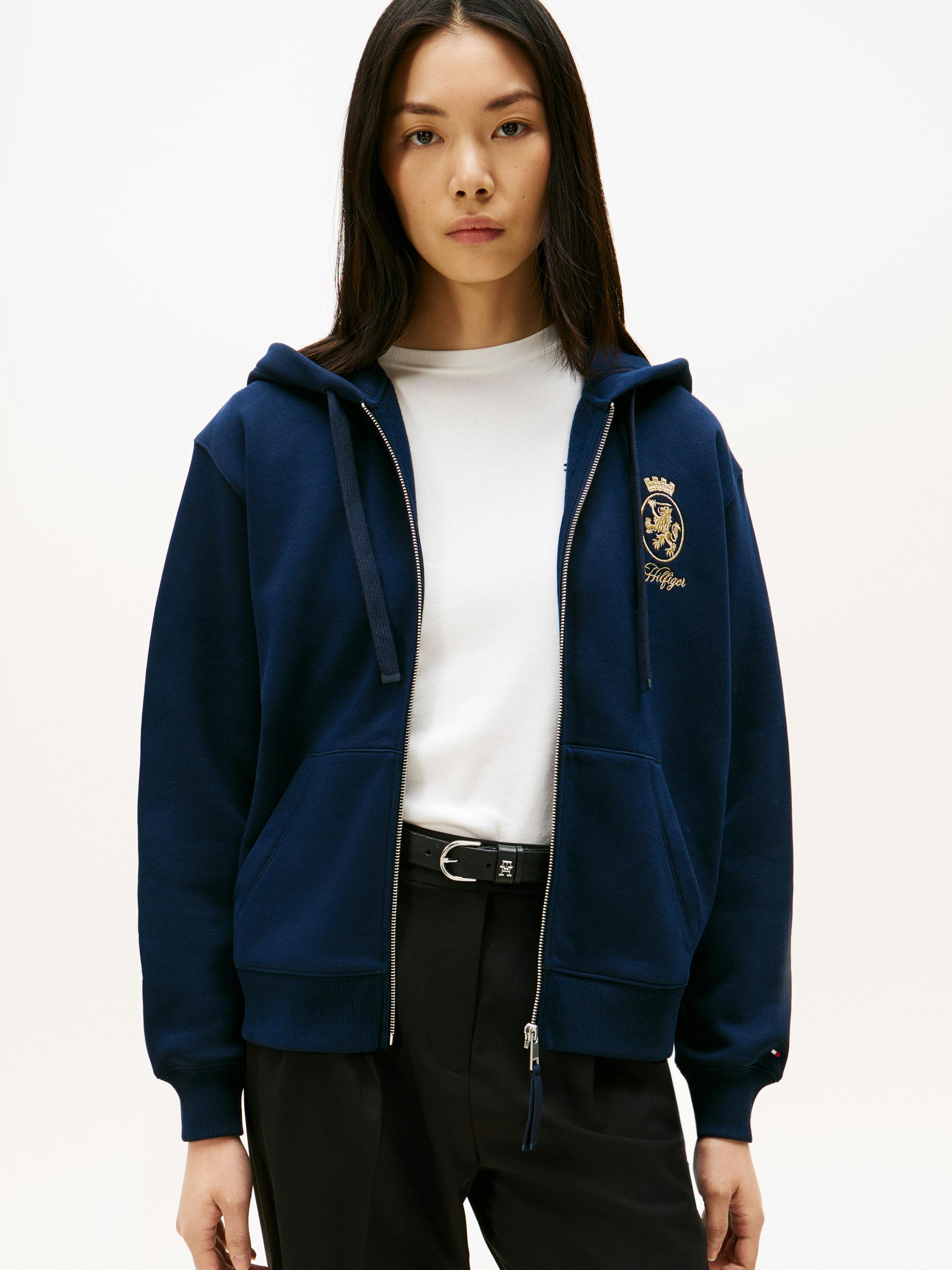 TH Crest Embroidery Gold-Tone Zip-Thru Hoody | Sweatshirts 