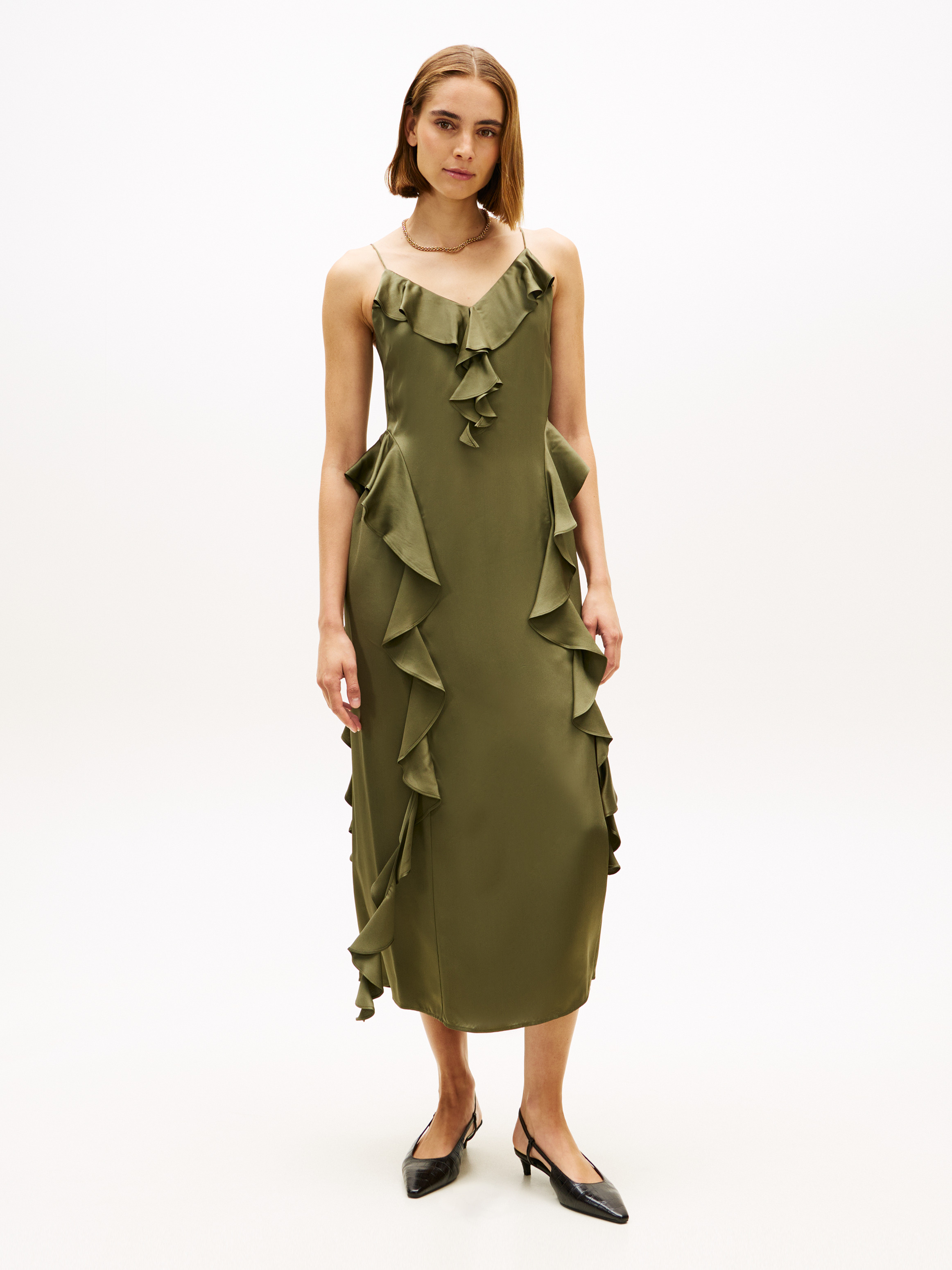 Ruffle Sateen Maxi Slip Dress