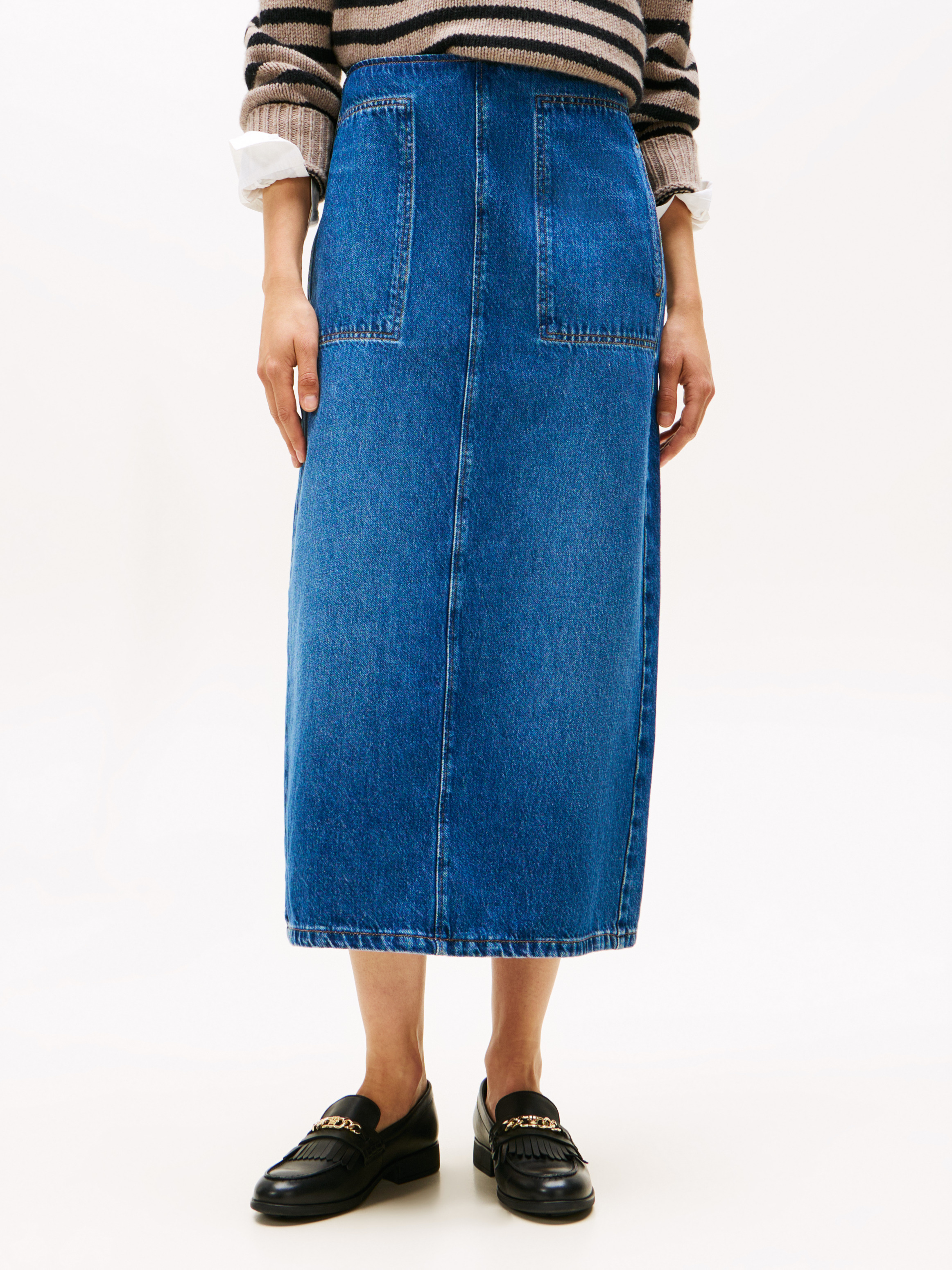 Denim High Rise Straight Midi Skirt