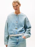 Oversized Collarless Short Denim Jacket