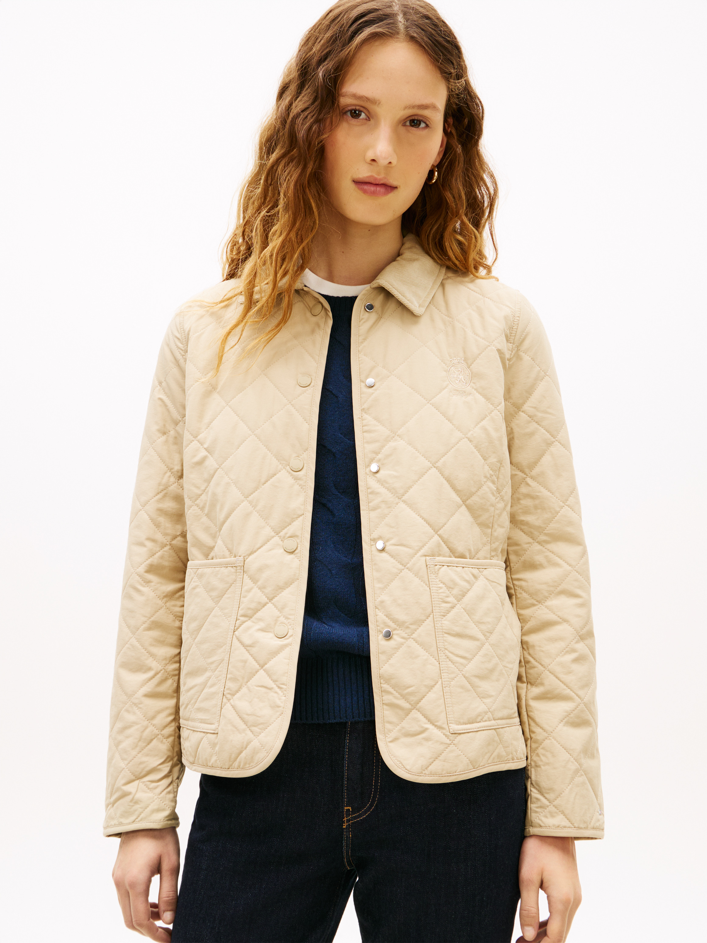 Crest Embroidery Padded Quilted Slim Jacket