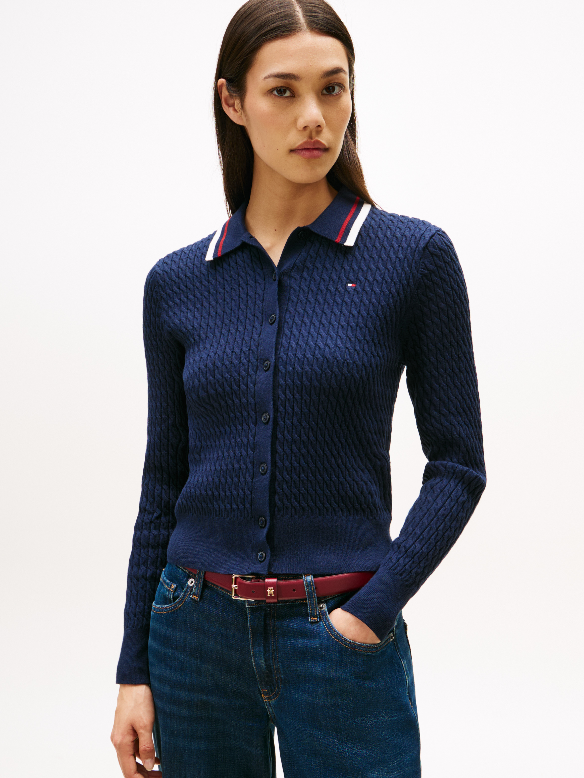 Fine Cable Knit Polo Collar Cardigan