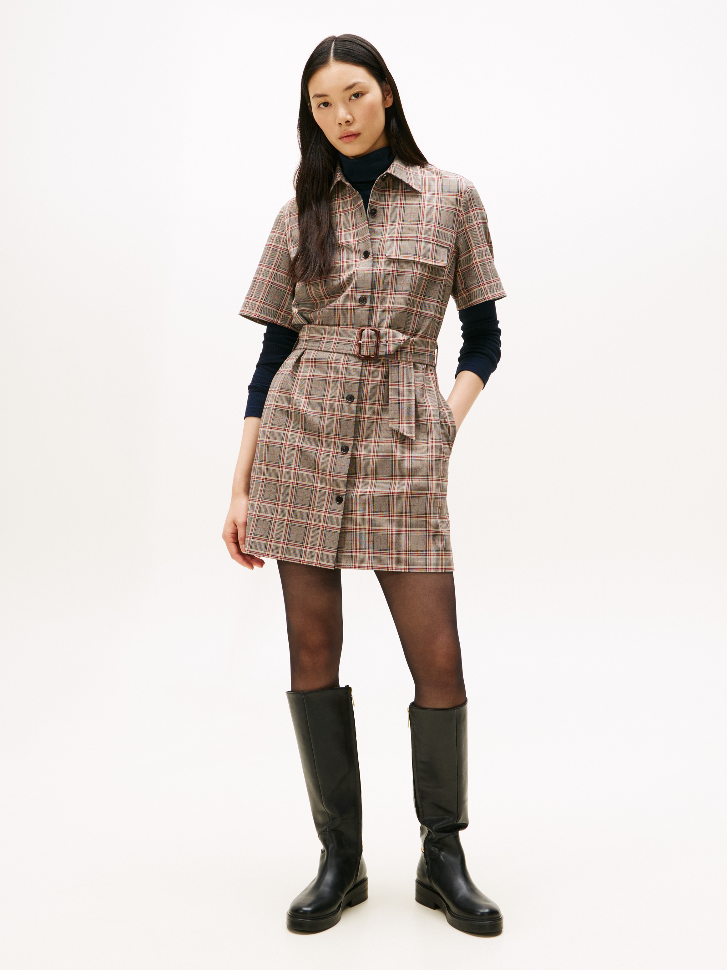 Check Relaxed Short Sleeve Mini Shirt Dress