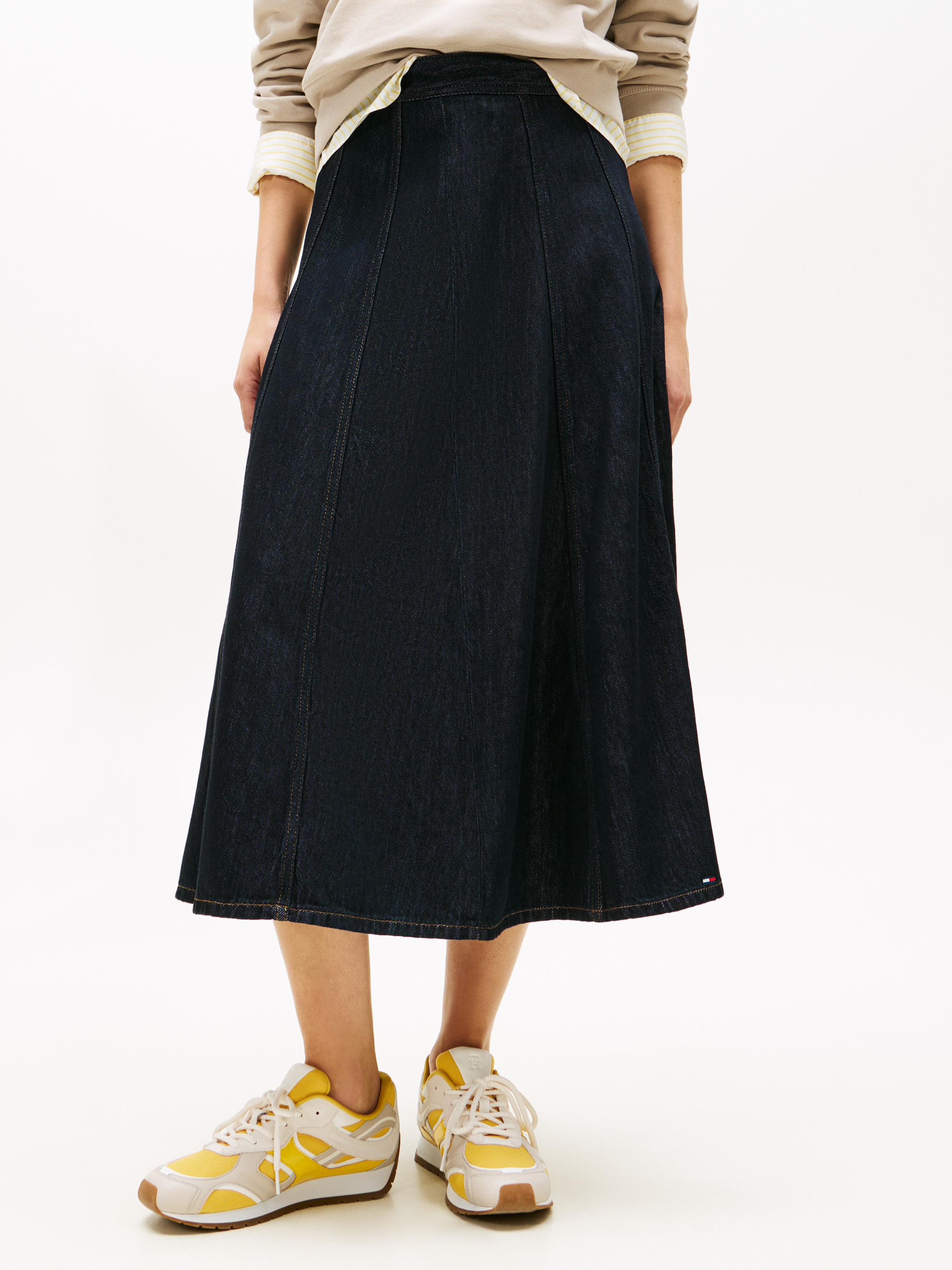High Rise Denim Flare Midi Skirt