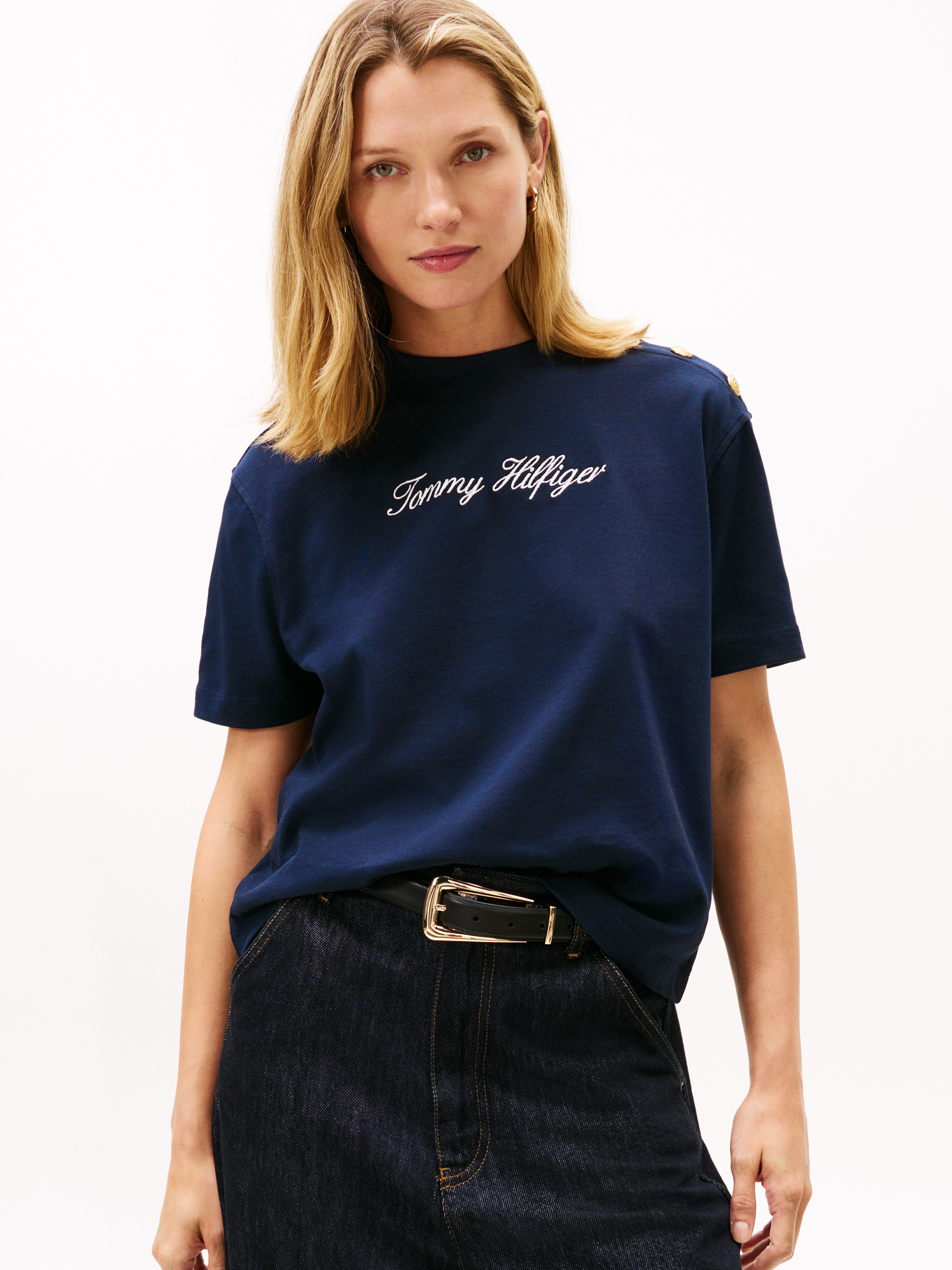 Gold-Tone Button Logo Embroidery Relaxed T-Shirt