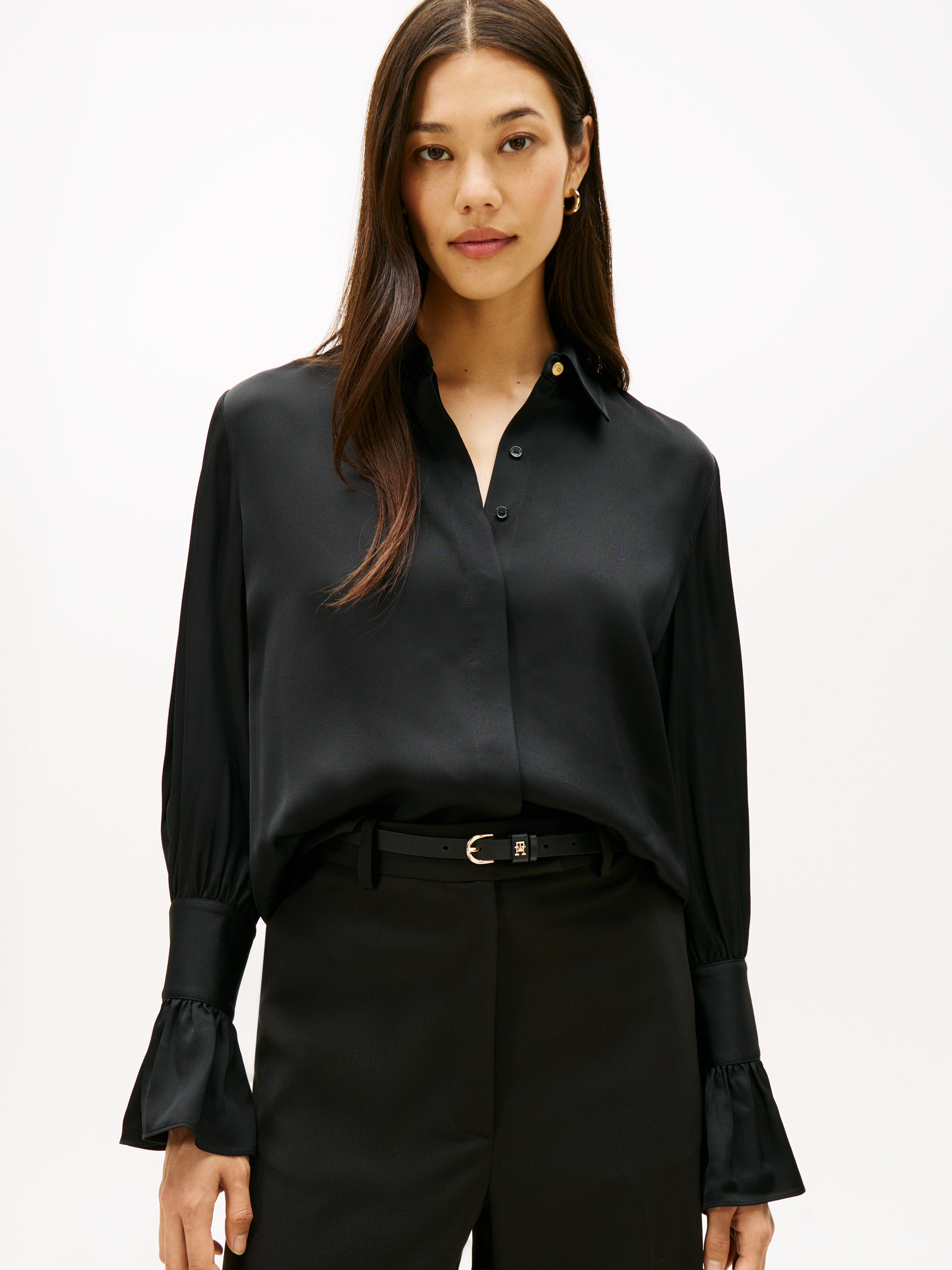 Relaxed Ruffle Cuff Sateen Shirt