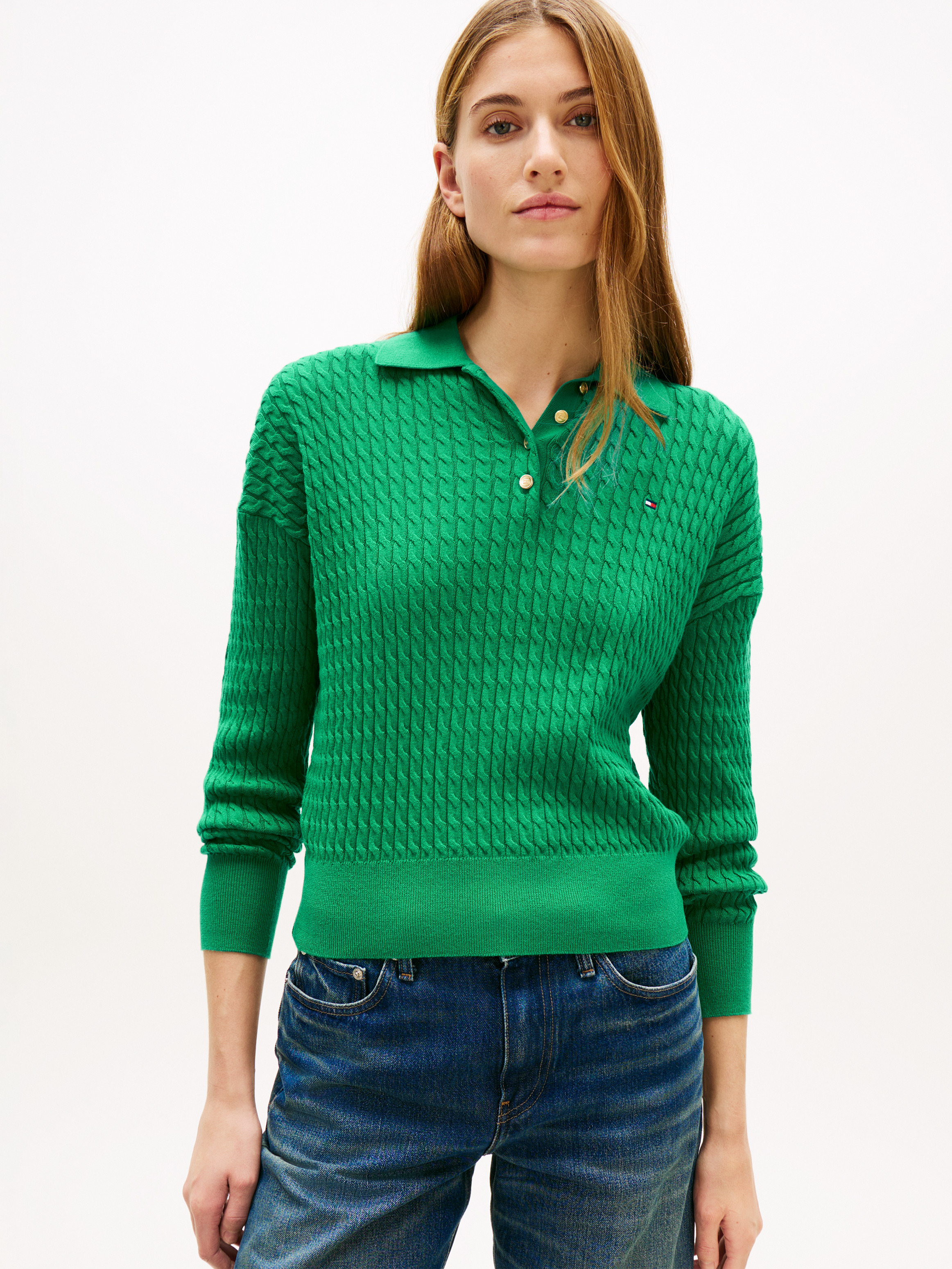 Cable Knit Relaxed Polo Jumper