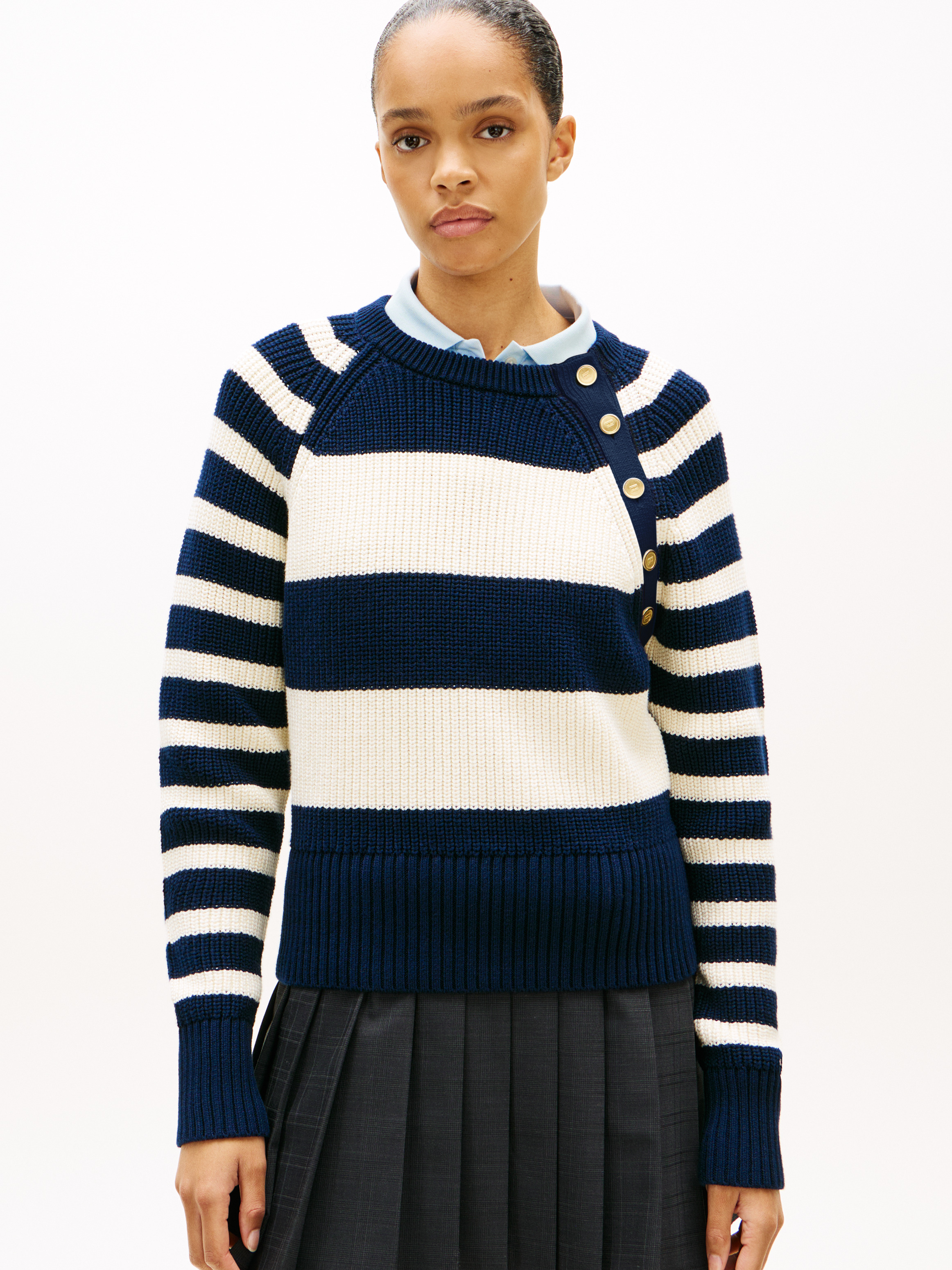 Gold-Tone Button Crew Neck Jumper