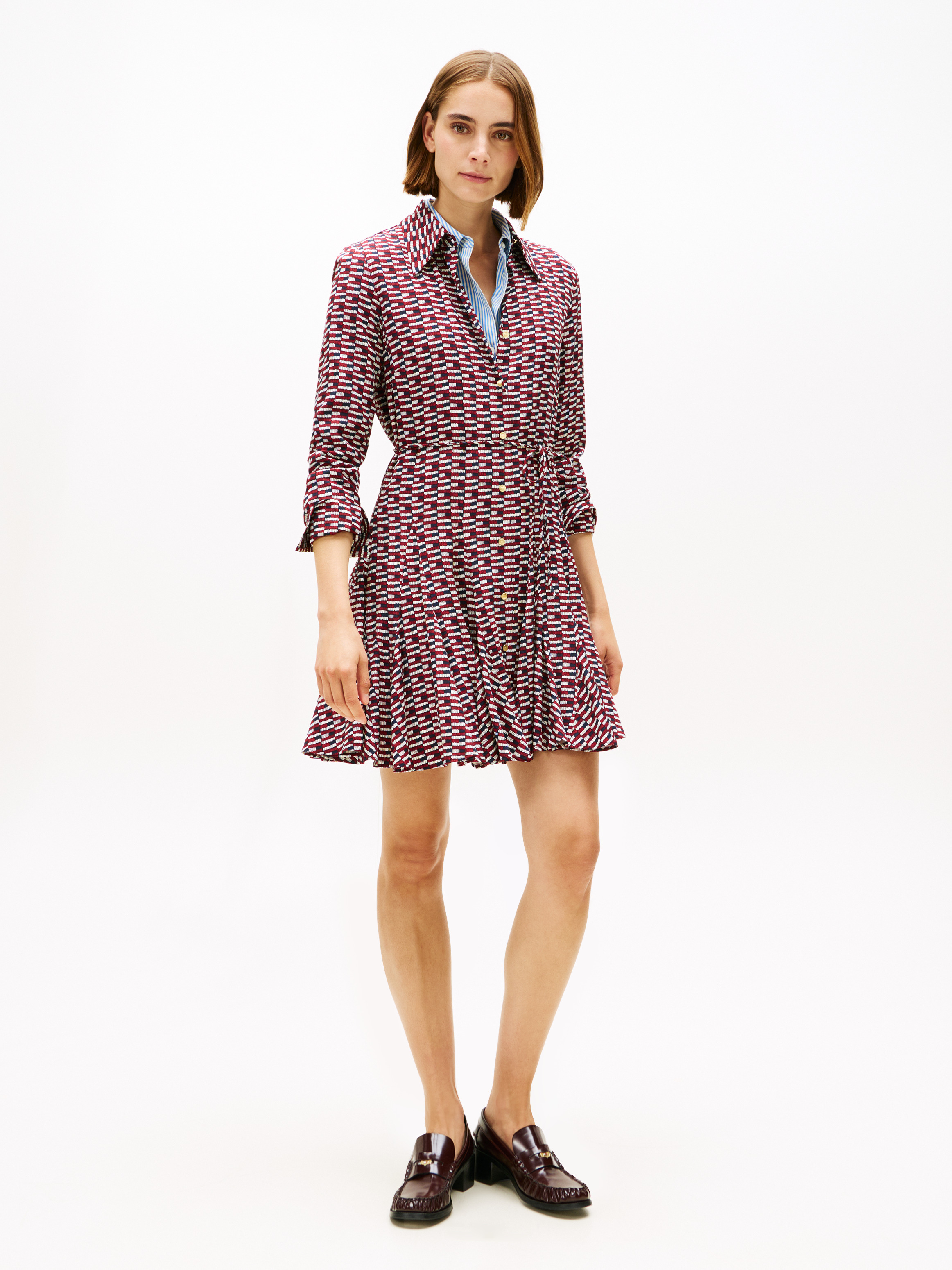 Self-Tie Belt Slim Mini Shirt Dress