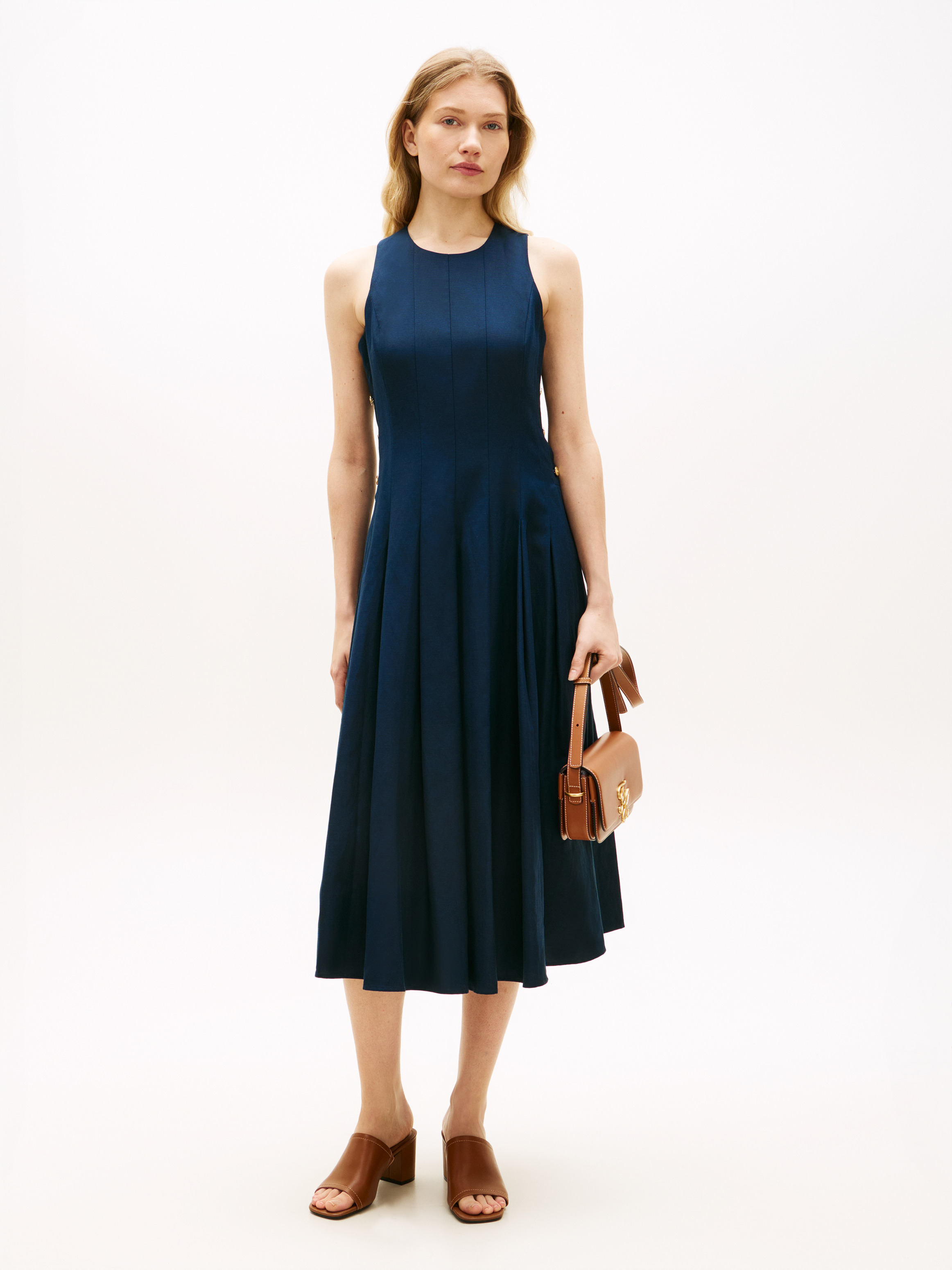 Gold-Tone Button Linen Blend Midi Dress