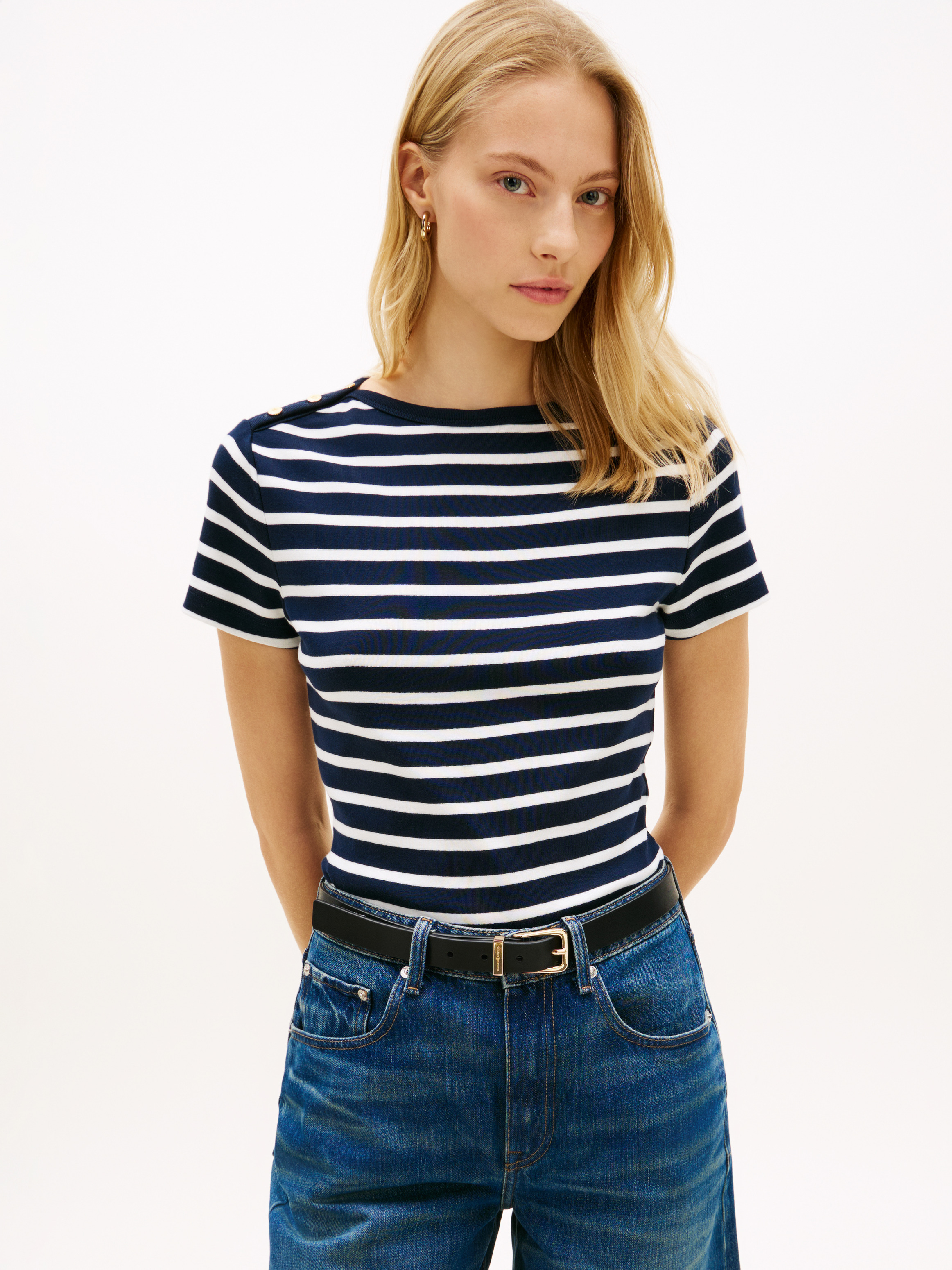 Gold-Tone Button Slim Boat Neck T-Shirt
