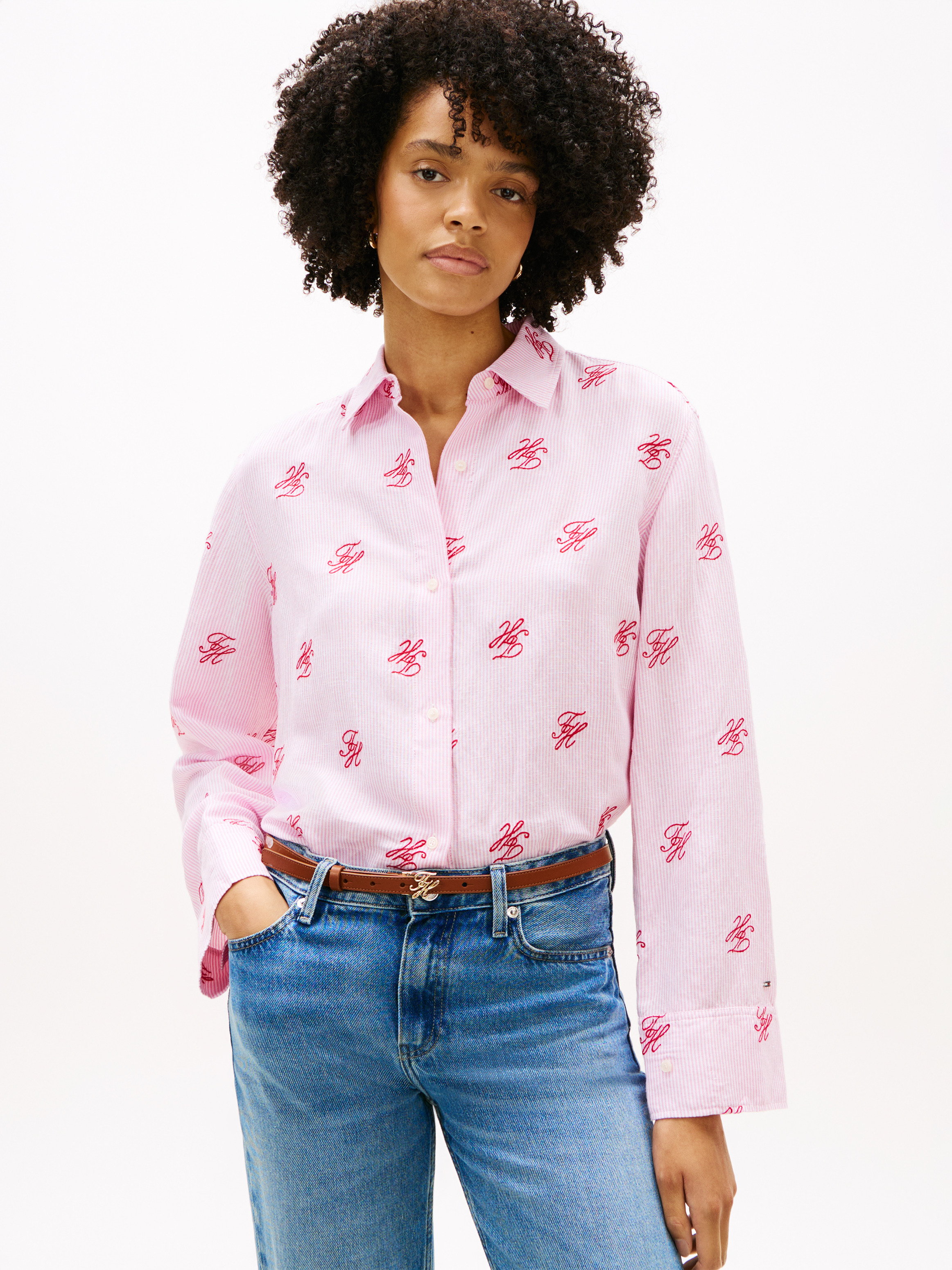 Logo Embroidery Linen Blend Shirt